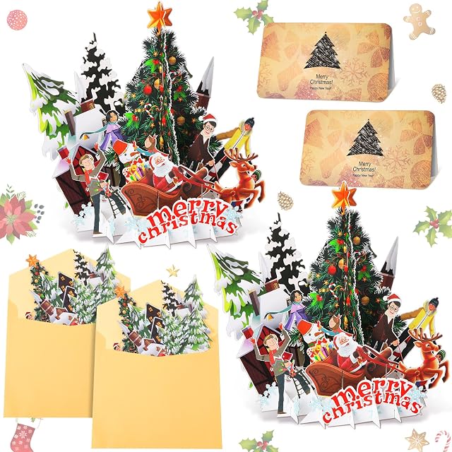 2 Pcs 3D Christmas Cards Pop up Christmas Card with Envelopes Merry Xmas Seasonal Greeting Cards Christmas Tree Santa for Holiday Post Cards Christmas Day Gifts (Christmas Tree, 6.6 x 5.8 Inch)
