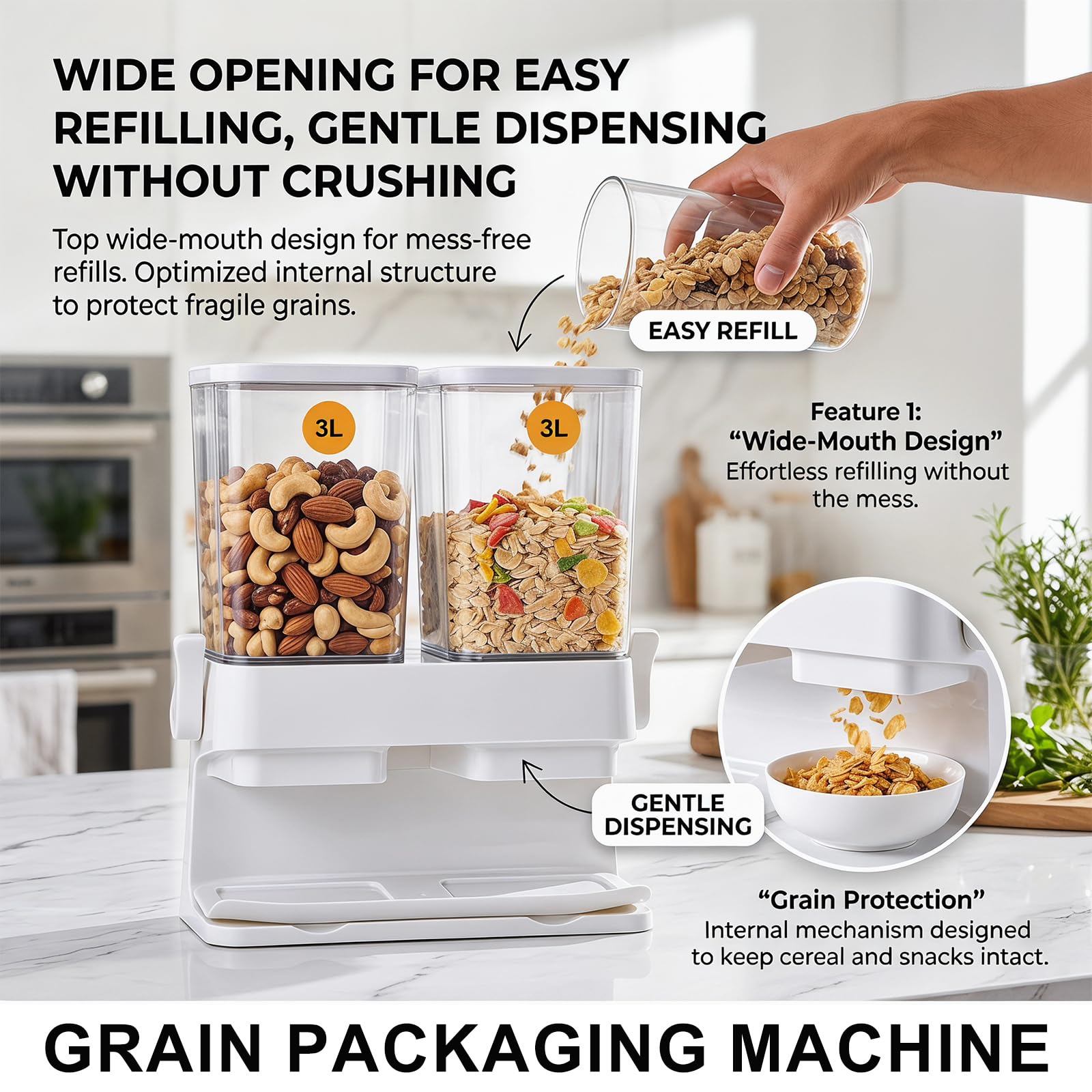 Set di 2 dispenser per cereali, 3 l, ermetici, di grande capacità, per conservare il riso automatico, contenitori trasparenti con coperchio, per cereali, snack e cereali (bianco)