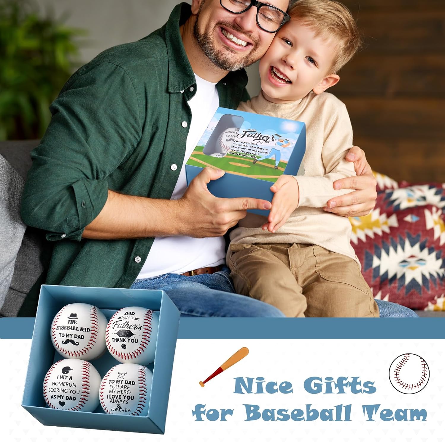 MiniInflat 4 Pack Happy Fathers Day Baseball Gift Baseball Dad to Be Gift for 1st Time Base Ball with a Box for Men Sport Birthday Retirement Grandpa Lover from Daughter Son Wife, 9 Inch Perimeter