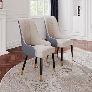 POVISON Dining Chairs Set of 2, 38" Faux Leather Upholstered Bar Chairs with Metal Legs, Modern High-Back Side Chairs for Living Room, Pub, Coffee, Home, and Kitchen Grey