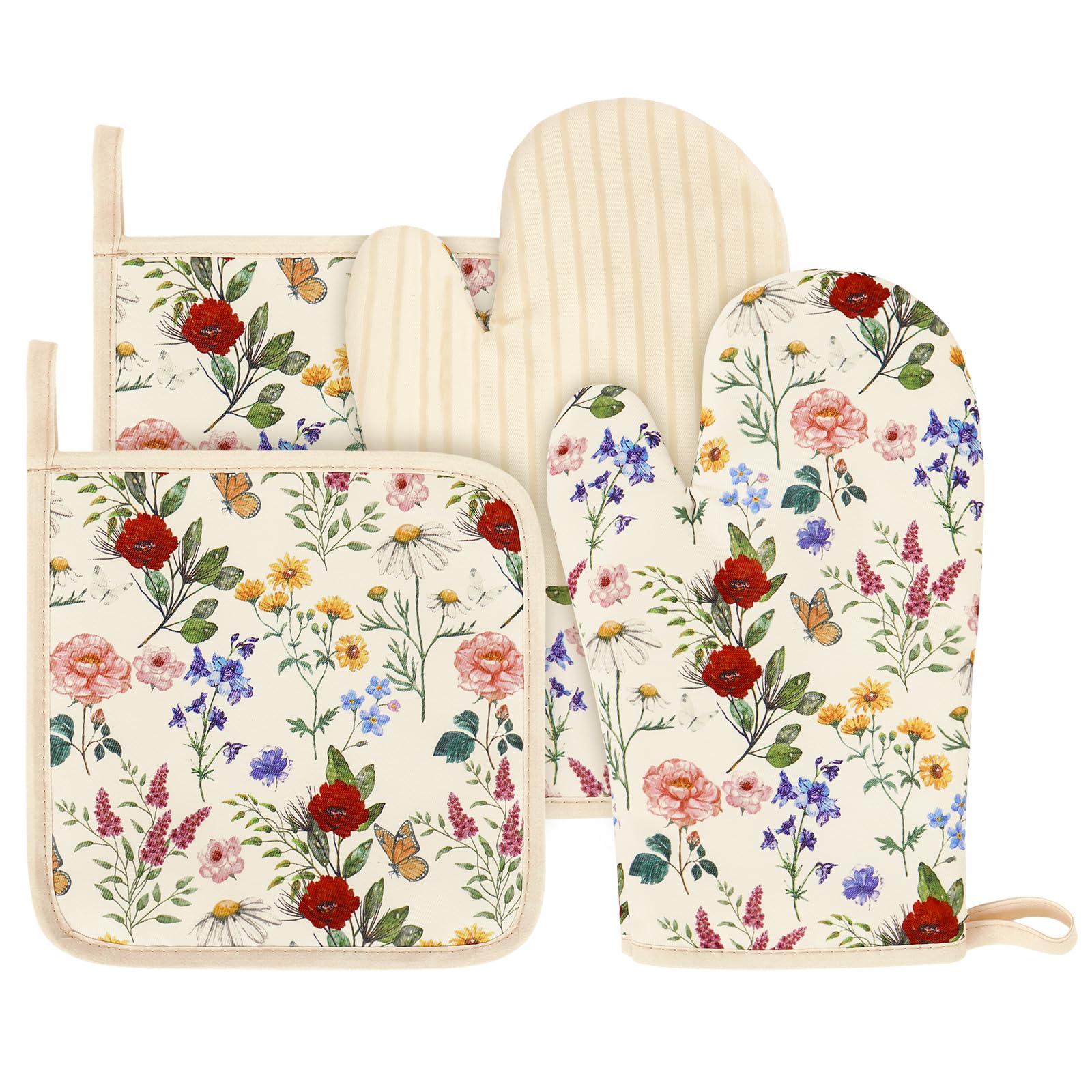 AnyDesign Juego de 4 manoplas de horno y soportes para ollas, diseño vintage de flores silvestres, flores, guantes de horno de algodón con almohadillas calientes, antideslizantes, resistentes al calor