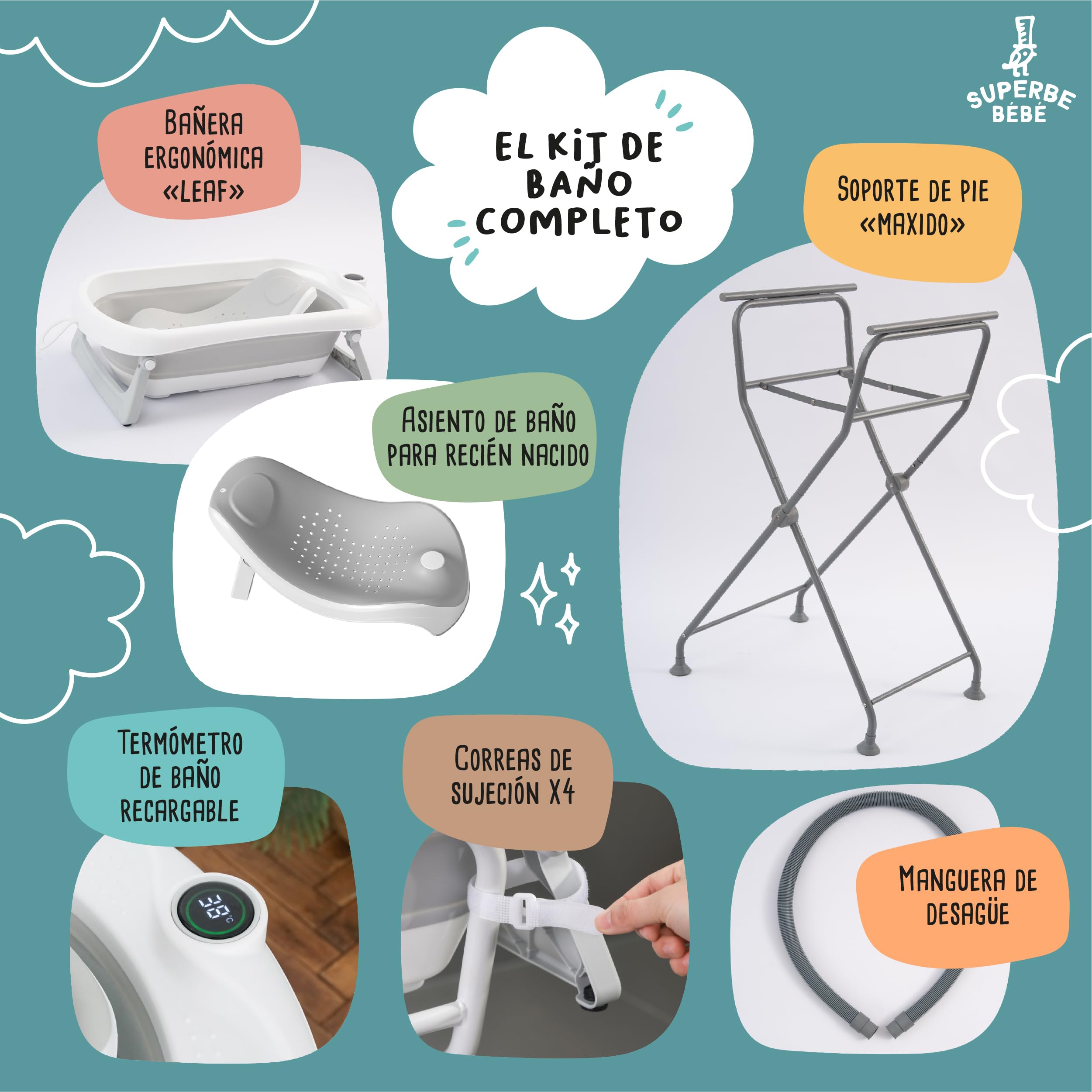 Bañera para bebé plegable con soporte, cojín de baño y sistema de evacuación