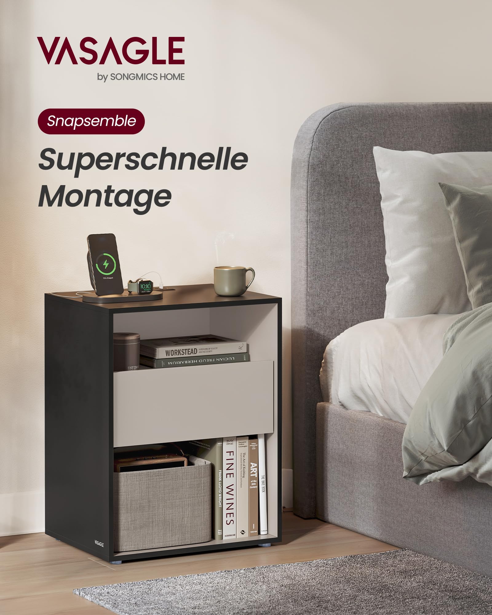 VASAGLE Nachttisch Snapsemble, mit Ladefunktion, mit 1 Schublade | Beistelltisch, Nachtschrank, superschnelle Montage, Schlafzimmer, tintenschwarz-cappuccinobeige, KADIN Kollektion LET777B04