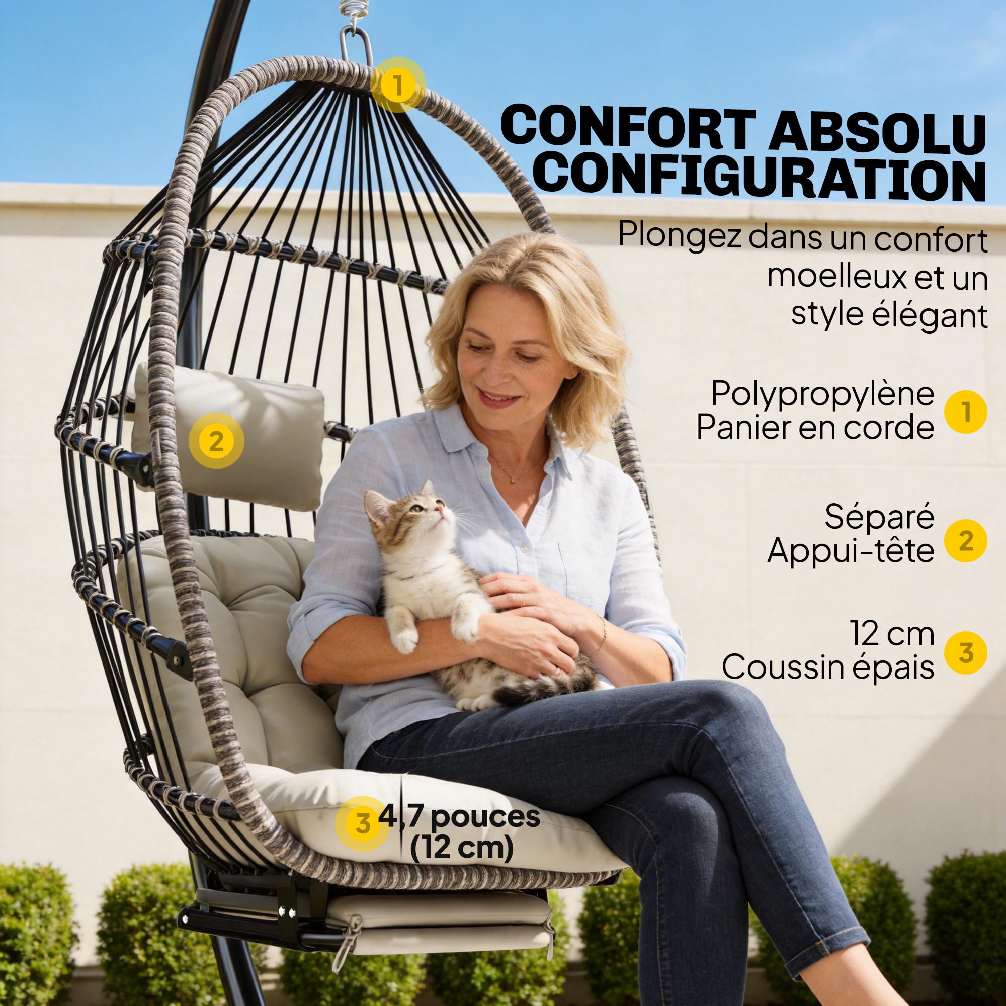 Outsunny Fauteuil Suspendu avec Support, Chaise Suspendue Pliante avec Repose-Pieds rétractable, Coussin Doux et appuie-tête, pour intérieur et extérieur, terrasse ou Jardin, Gris Clair