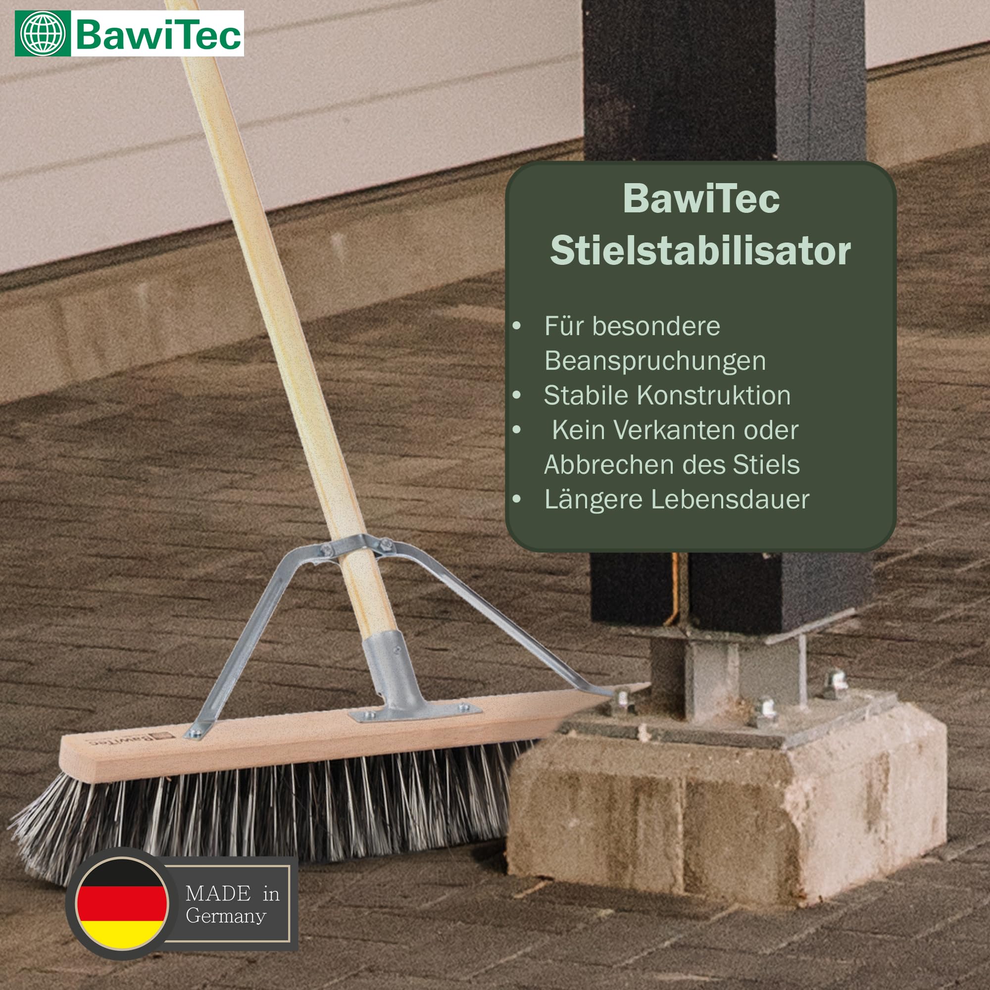 OssiBlitz Besen Straßenbesen 100cm mit Stiel 160cm Stabi Harte Borsten | Spezieller Stielstabilisator/Zusatzhalterung, Besenstiel Ø28mm, Für groben und feinen Schmutz
