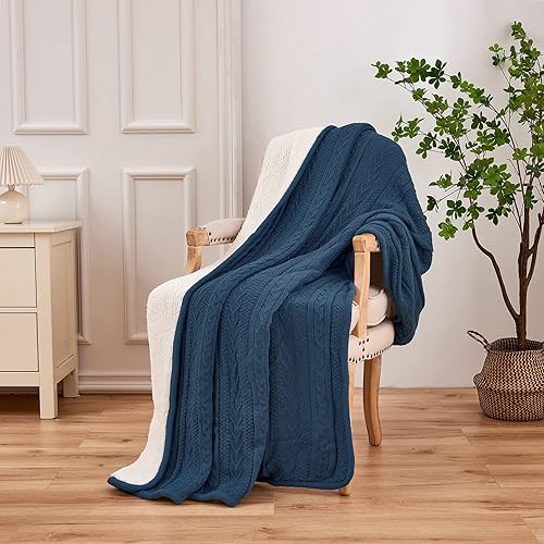 Miniatura 3 de Longhui bedding Manta de punto trenzado acrílico Sherpa  Gruesa, suave, grande, acogedora manta de lana de punto gris azul para sofá, cama, tamaño