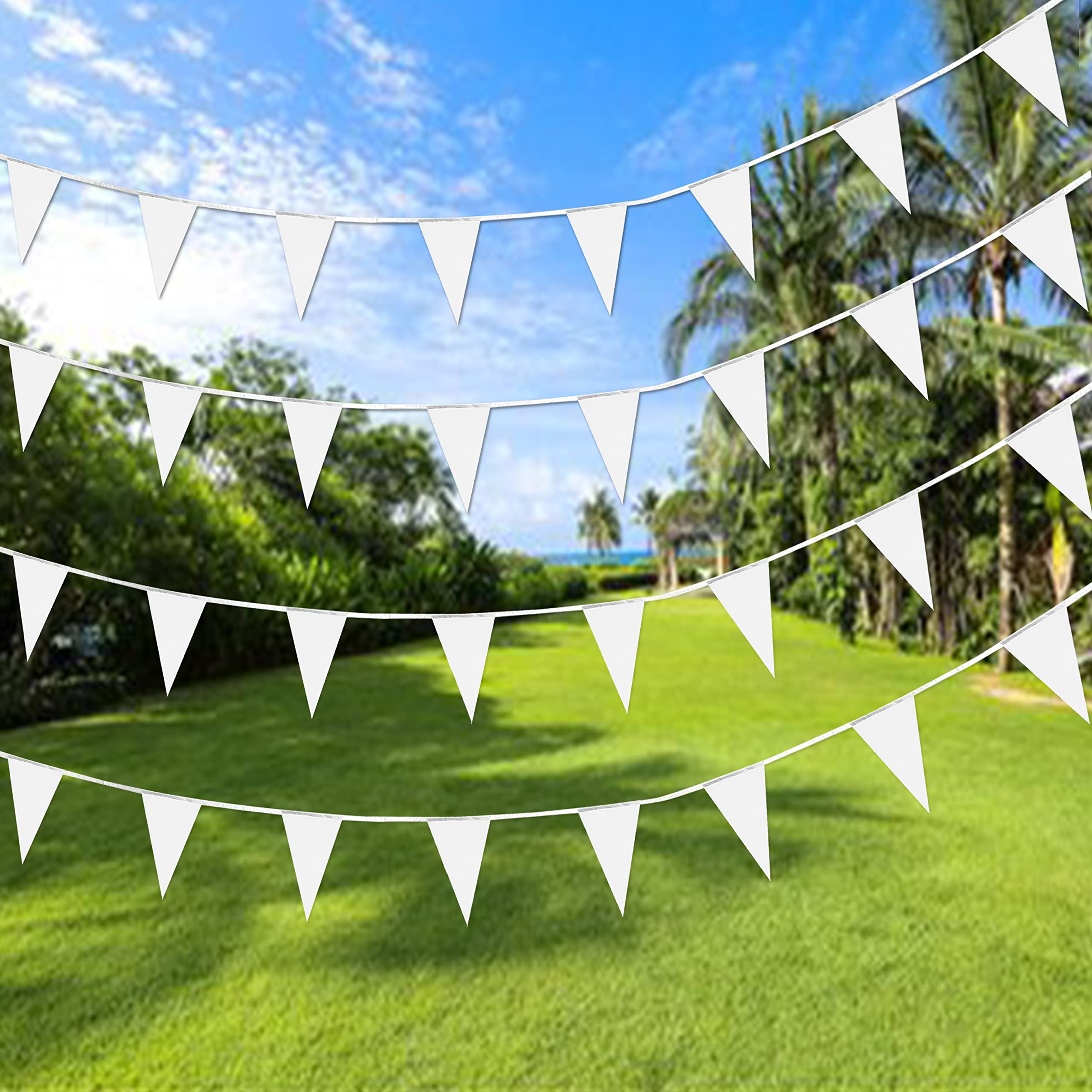 Consummate 30 m weiße Blanko-Wimpelbanner, Flaggen, zum Aufhängen, dreieckige Wimpelkette, DIY-Flaggen für große Eröffnung, Hochzeit, Kindergeburtstag, Party-Dekorationen, 60 Stück