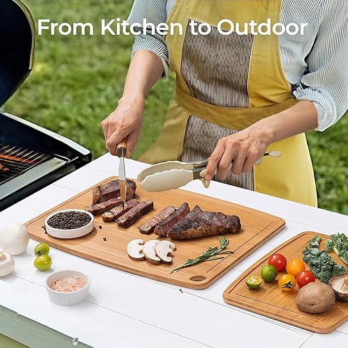 Miniatura 5 de Tabla de cortar de bambú apta para lavavajillas, tabla de cortar de madera ligera y duradera, reversible con ranura para jugos, fácil de almacenar y