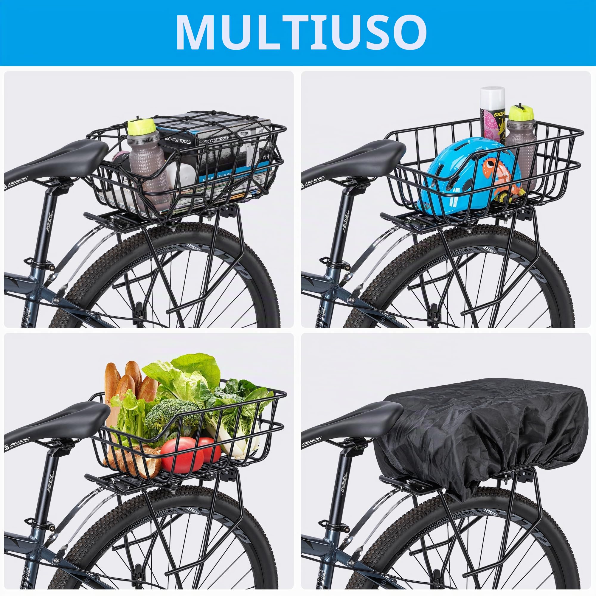 Cestino per bicicletta grande posteriore per portapacchi,Cestino per bicicletta con rete e copertura,Nero