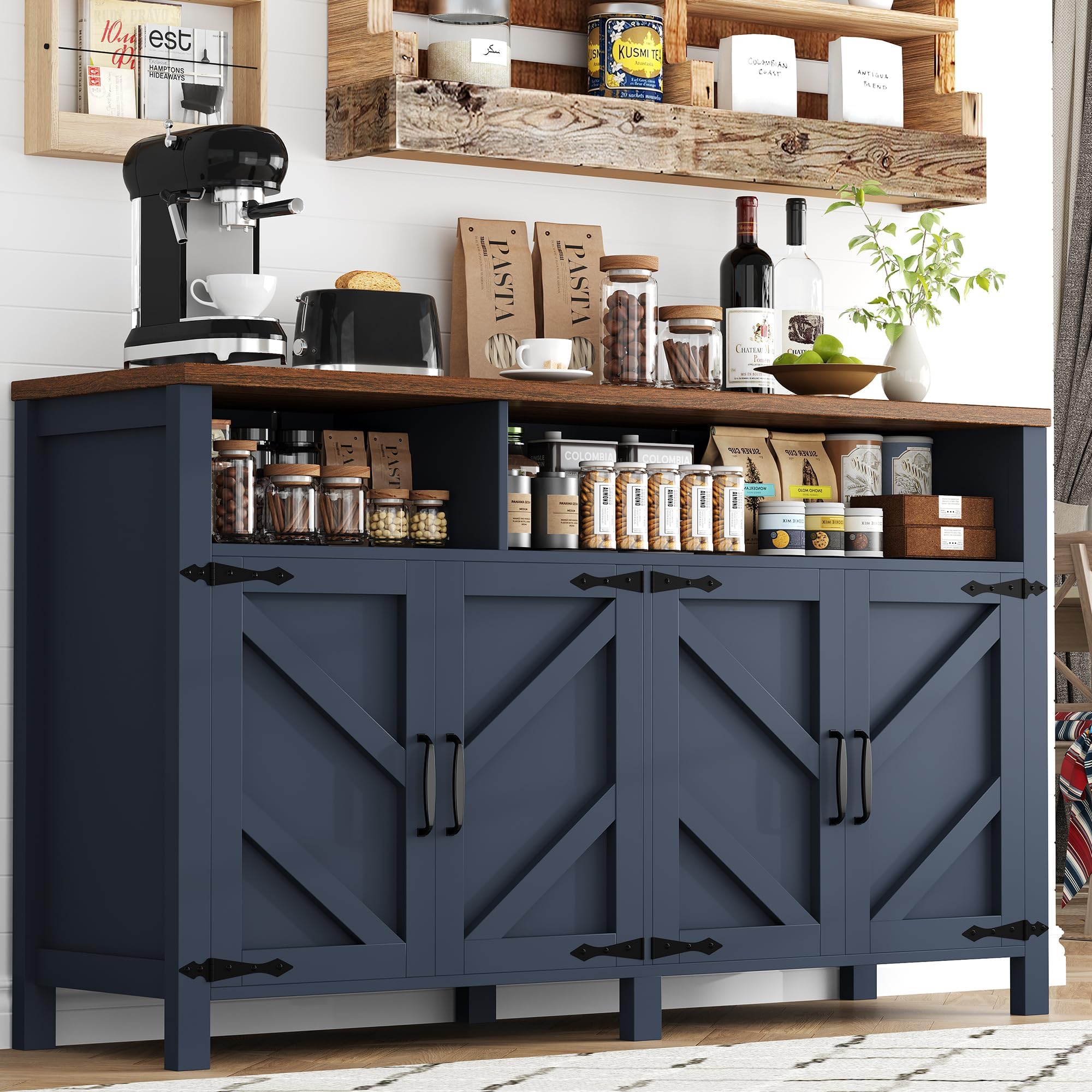 Buffet Sideboard with Storage Farmhouse with 4 Doors, 55'' Large Kitchen Storage Cabinet Wood Coffee Bar Buffet Table for Kitchen, Dining Room (Blue, 55 in)