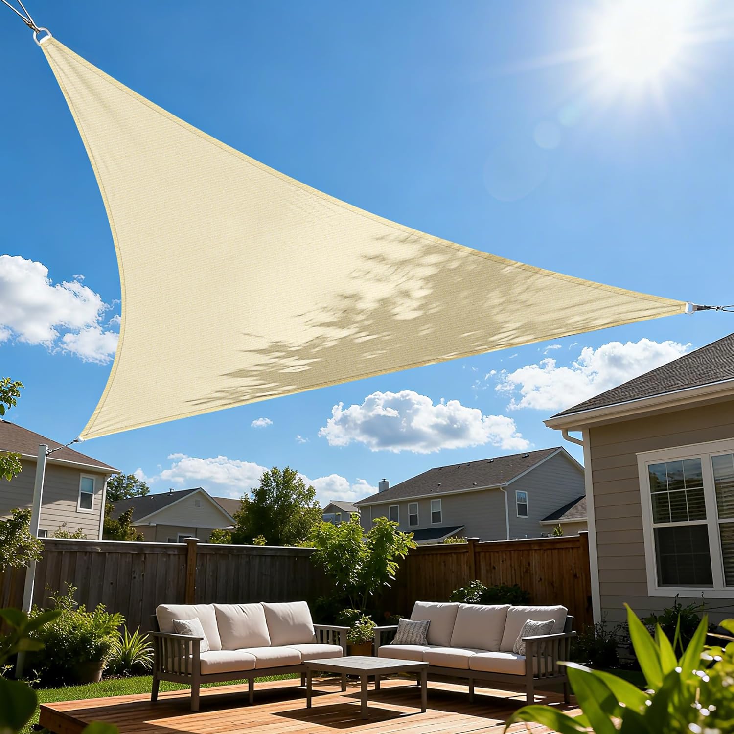 Sun Shade Sail 10'x13'x16' Outdoor UV Block Triangle Canopy Cover with D-Rings and Curved Edges Breathable Patio Shade Cloth for Backyard Deck Garden Pool Beach Pergola, Beige