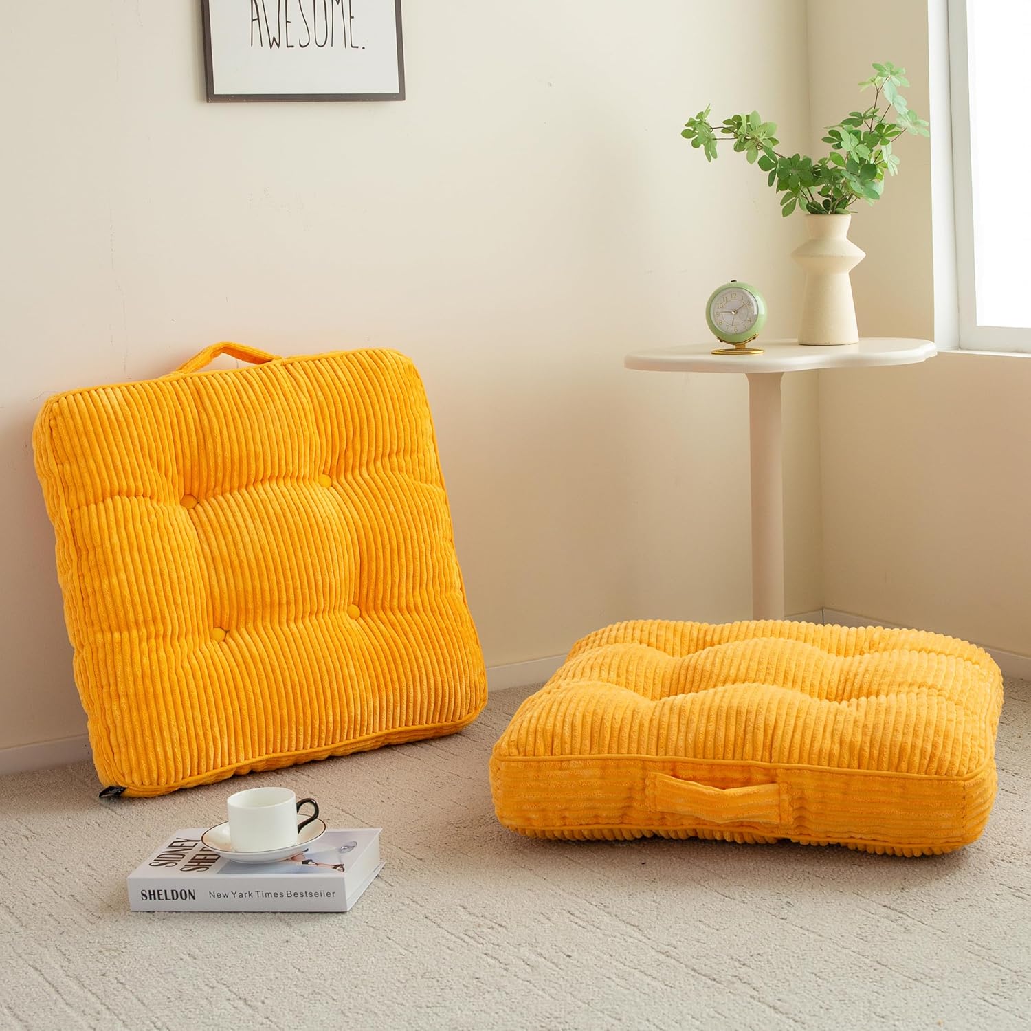 Washable Floor Pillow Cushion for Adults, Meditation Cushion Pillow, Large Square Floor Sitting, Removable Tufted Corduroy Cover, for Tatami Living Room or Yoga, 22x22 Inch, 2Pack, Machine Washable
