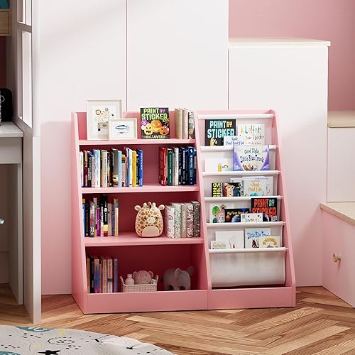 Miniatura 6 de Estantería de madera rosa de 4 niveles para niños, estantería de 5 capas, estante para libros de almacenamiento para bebés, organizador de juguetes