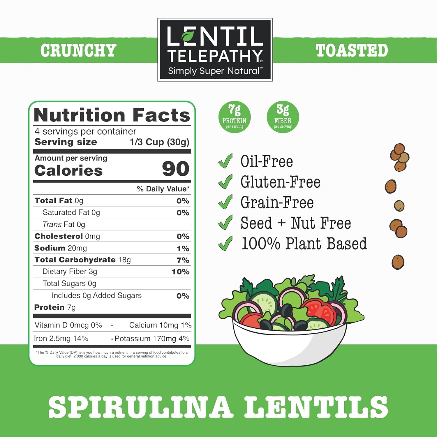 Lentil Telepathy Spirulina Crunchy Salad Topper, OIL FREE Crouton Alternative, Plant Based Soup & Grain Bowl Topping, Gluten Free, Non-GMO, 4 oz Bags, 3 Pack