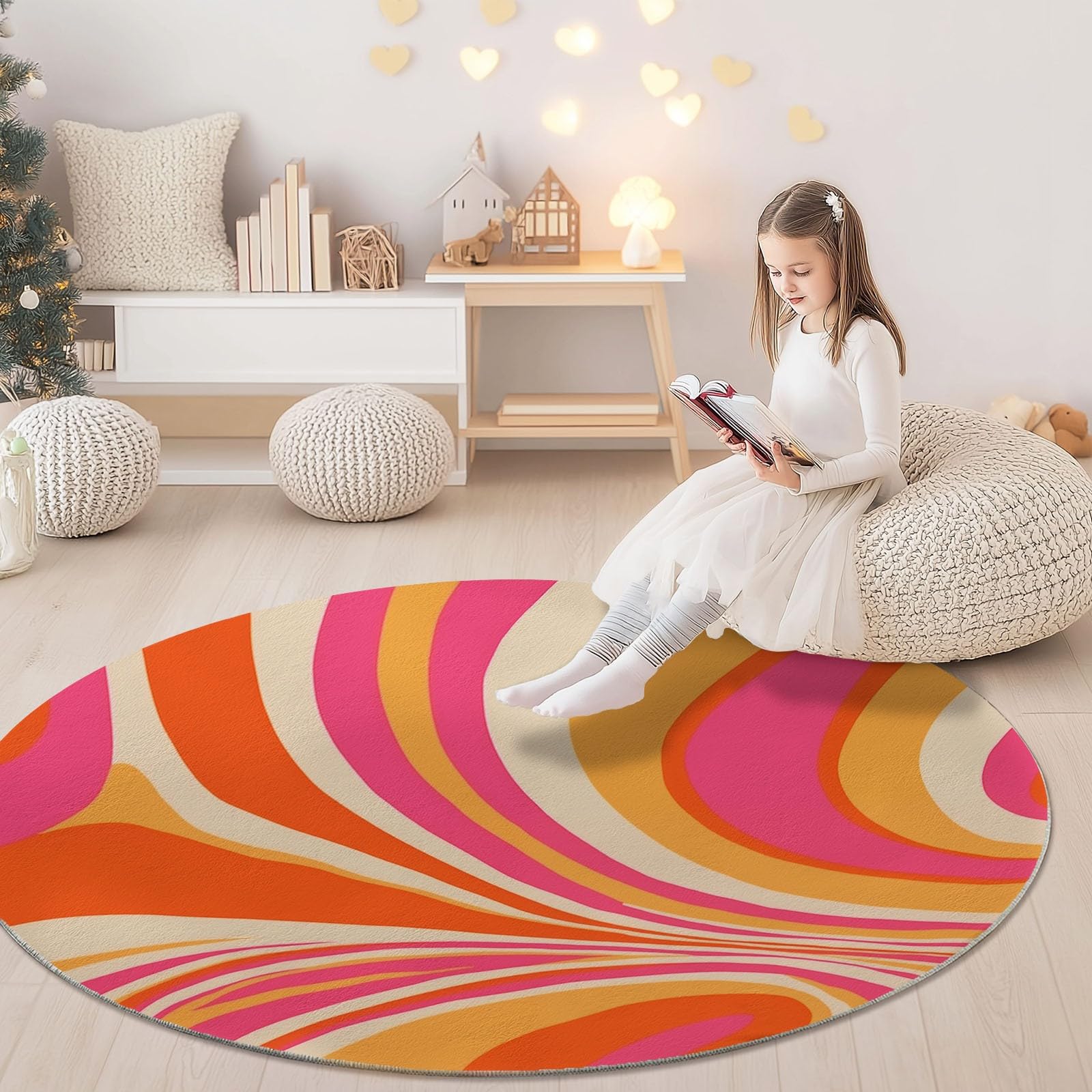 Teppich rund,Outdoor Psychedelische Welle Orange Pink Waschbarer Teppich Rund 120 cm (Round) Rutschfester Kurzflor Carpet Living Room Bedroom Esszimmer Büro Orange Pink