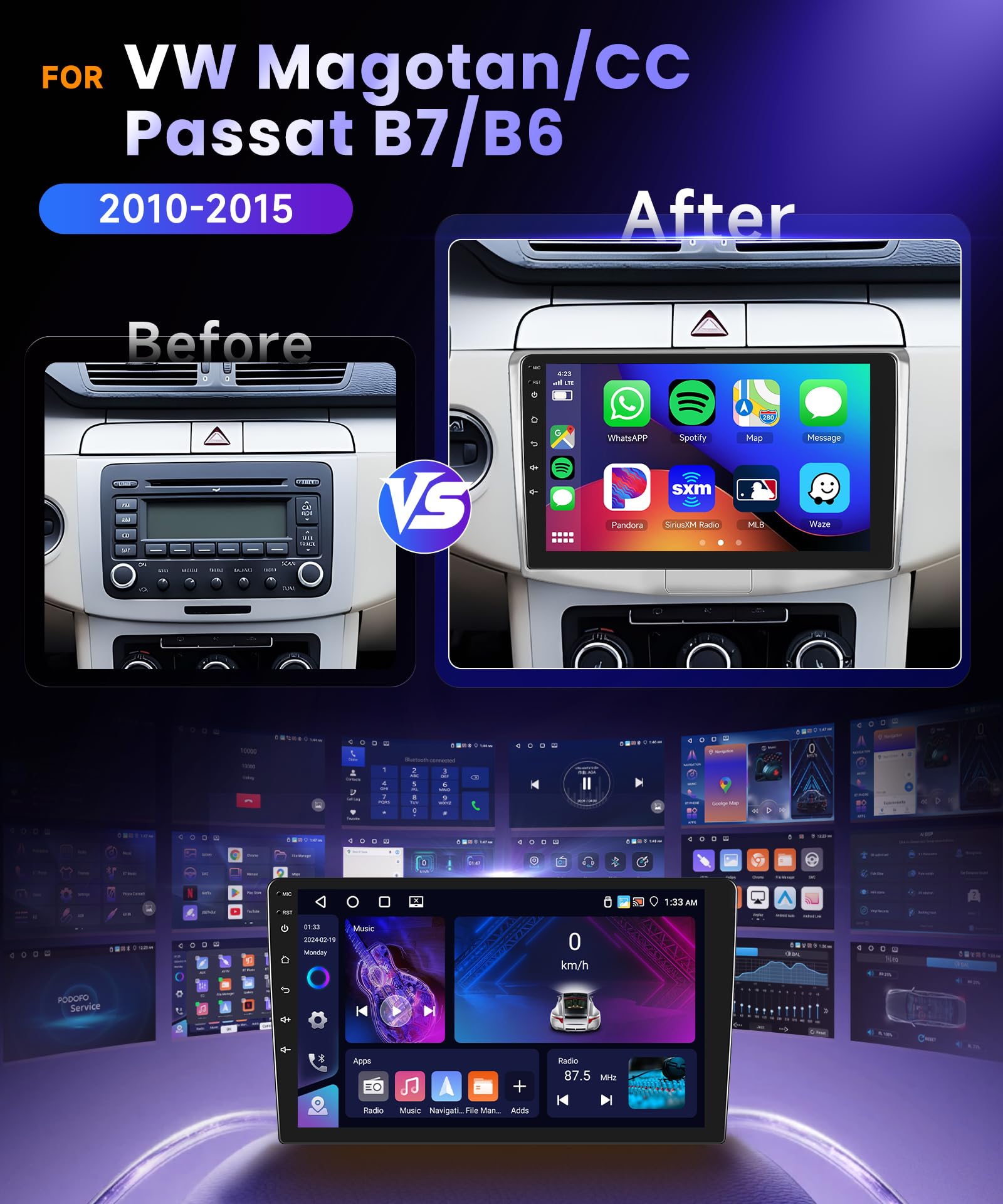4G 64G VECHTEL 9"Autoradio Bluetooth per VW Magotan/CC Passat B7/B6 2010-2015 Carplay Android Auto,DSP EQ,1280 * 720,Wifi GPS Navi,Mirror link,RDS/FM Radio 2 din con Retrocamera AHD