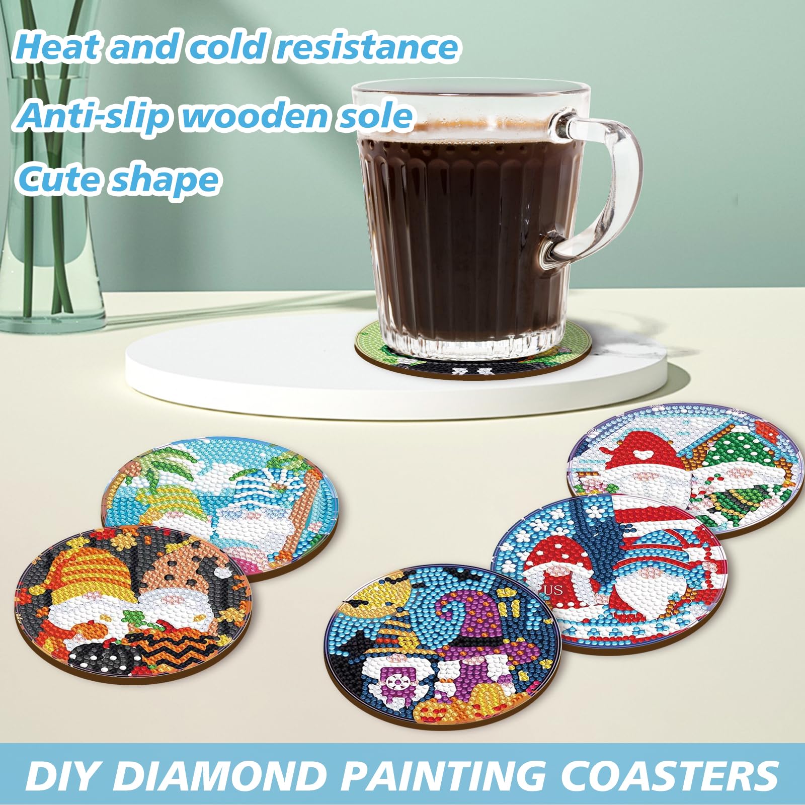 8 Pcs Gnome Diamond Art Coaster Kits With Holder - DIY 5D Diamond Painting, Full Drill, 4x4 Inch - View #2