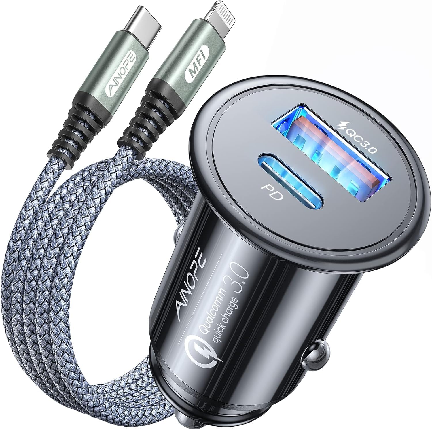 AINOPE 67.5W Super Mini Car Charger USB C 45W PD&QC 3.0 Fast Charging with C to Lighting Cable for iPhone 14 Pro Max 13 12 11, Samsung Galaxy S25, Android, All Metal Cigarette Lighter Adapter