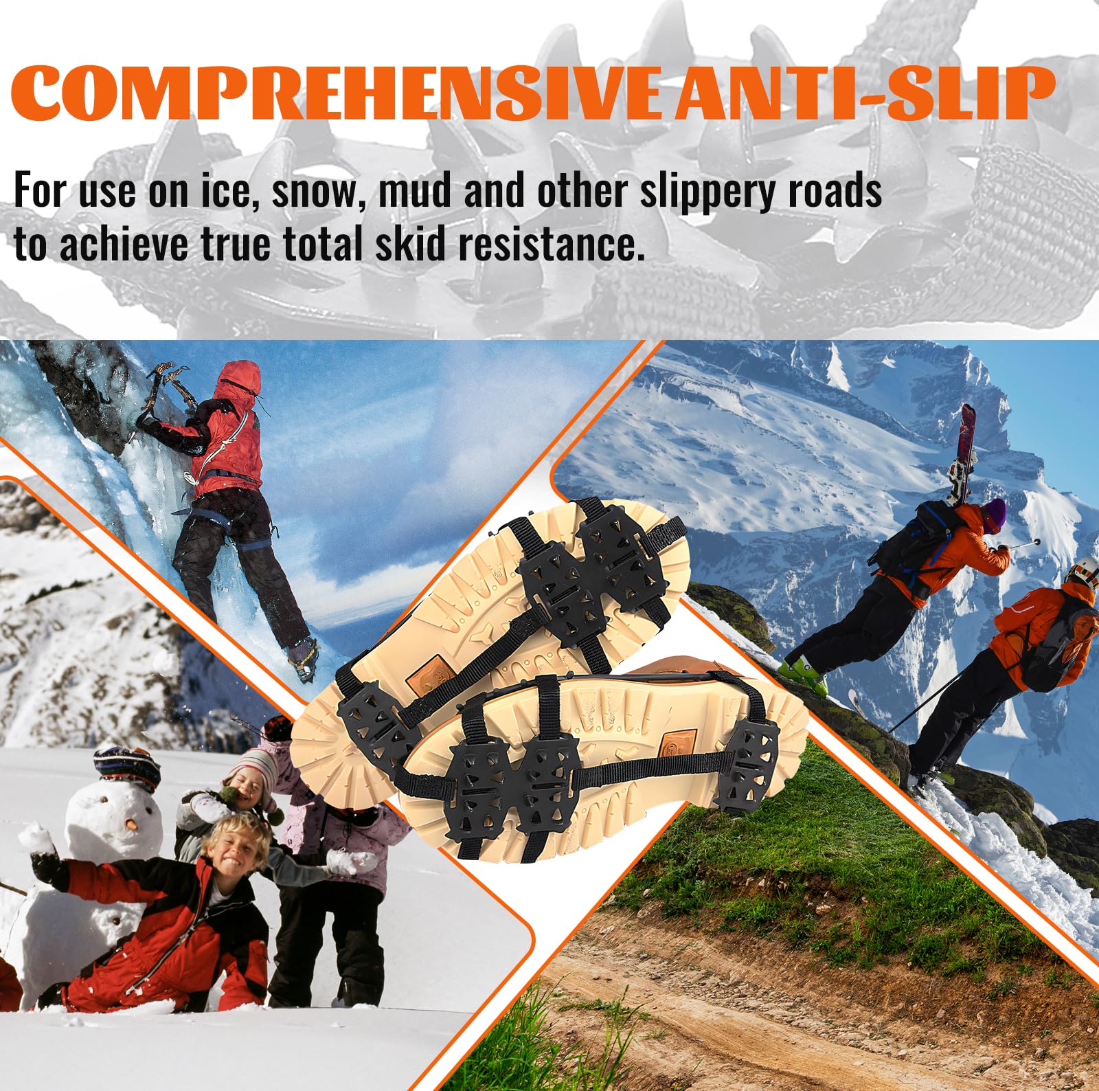 Crampons antidérapants pour chaussures de randonnée, lot de 2 paires, noir, taille L