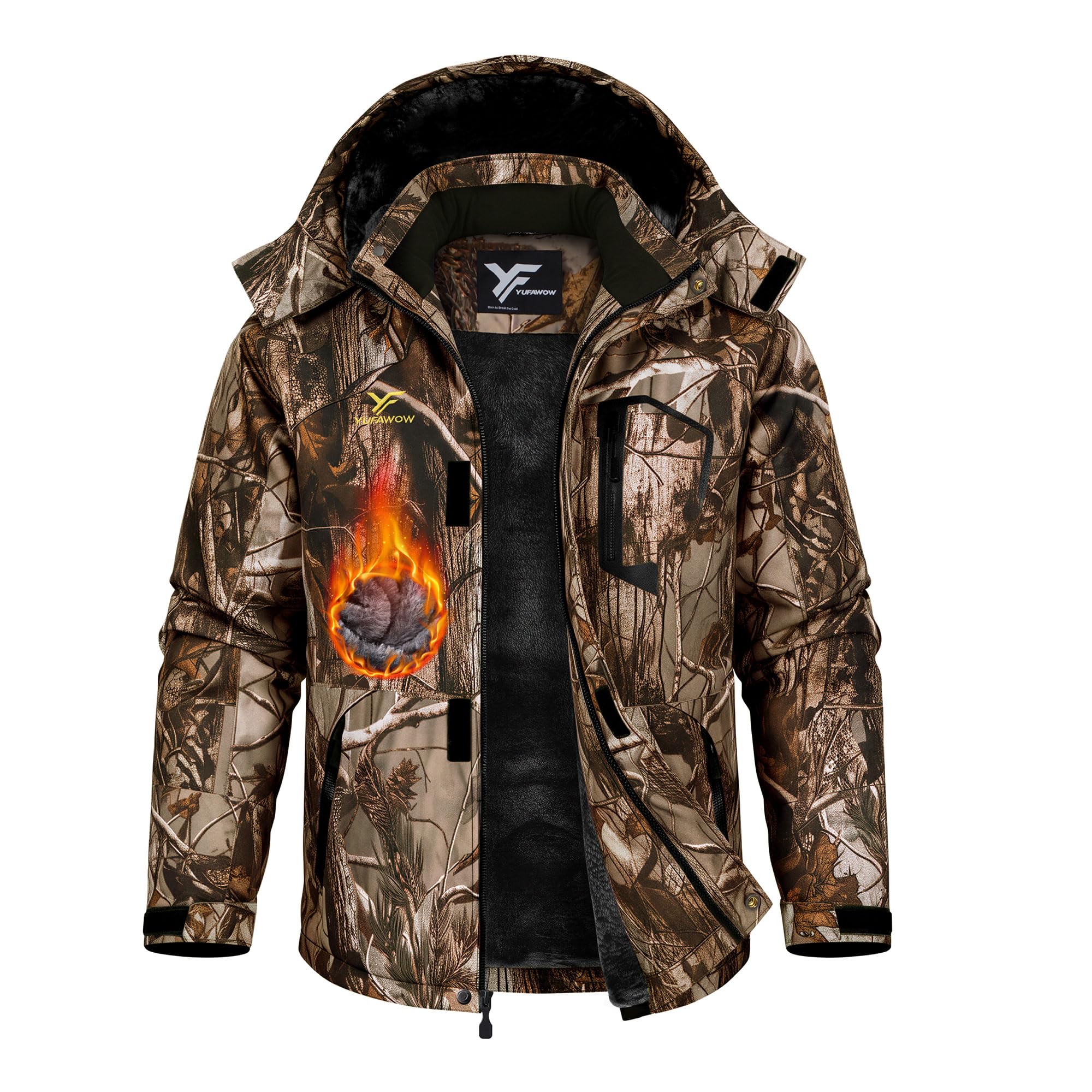 Yufawow Men Winter Jacket Work Coat Waterproof Windbreaker Heavy Softshell Heat Warm Thermal Insulated Ski Snow Snowboard XX-Large Camo Hunting