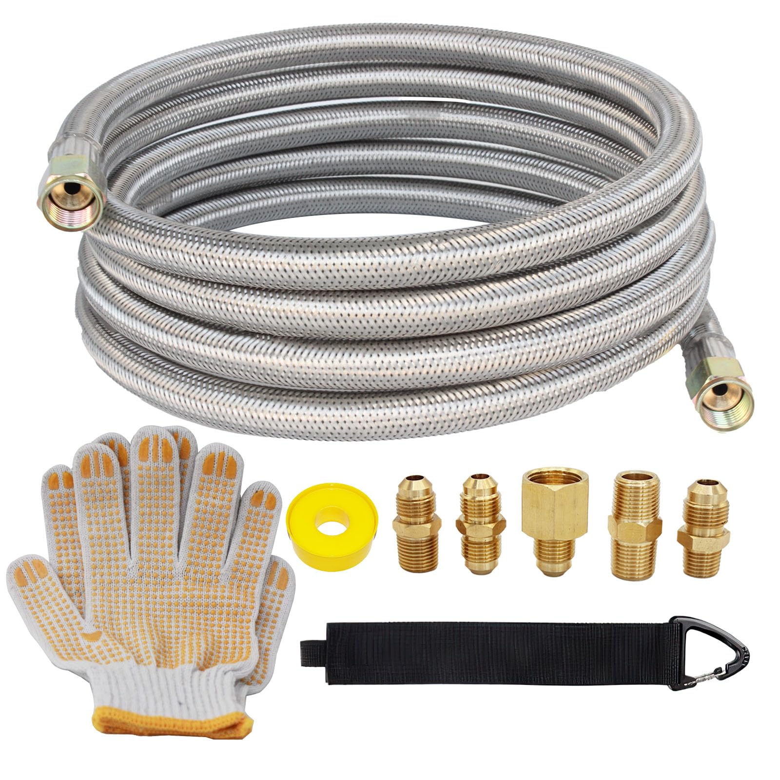 Photo 1 of 10 Feet High Pressure Braided Propane Hose Extension with Conversion Coupling 3/8" Flare to 1/2" Female NPT, 1/4" Male NPT, 3/8" Male Flare for RV, Cooker, Propane Fire Pit, Heater
