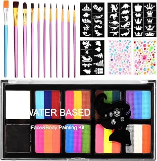 Hoxfly 10 Colors Professional Face Body Painting Kit,Non-Toxic Rainbow Body Paint with 10 Brushes,Face and Body Paints with Gem Sheet,Stencils,Kids Face Paint Kit,for Halloween Christmas Cosplay