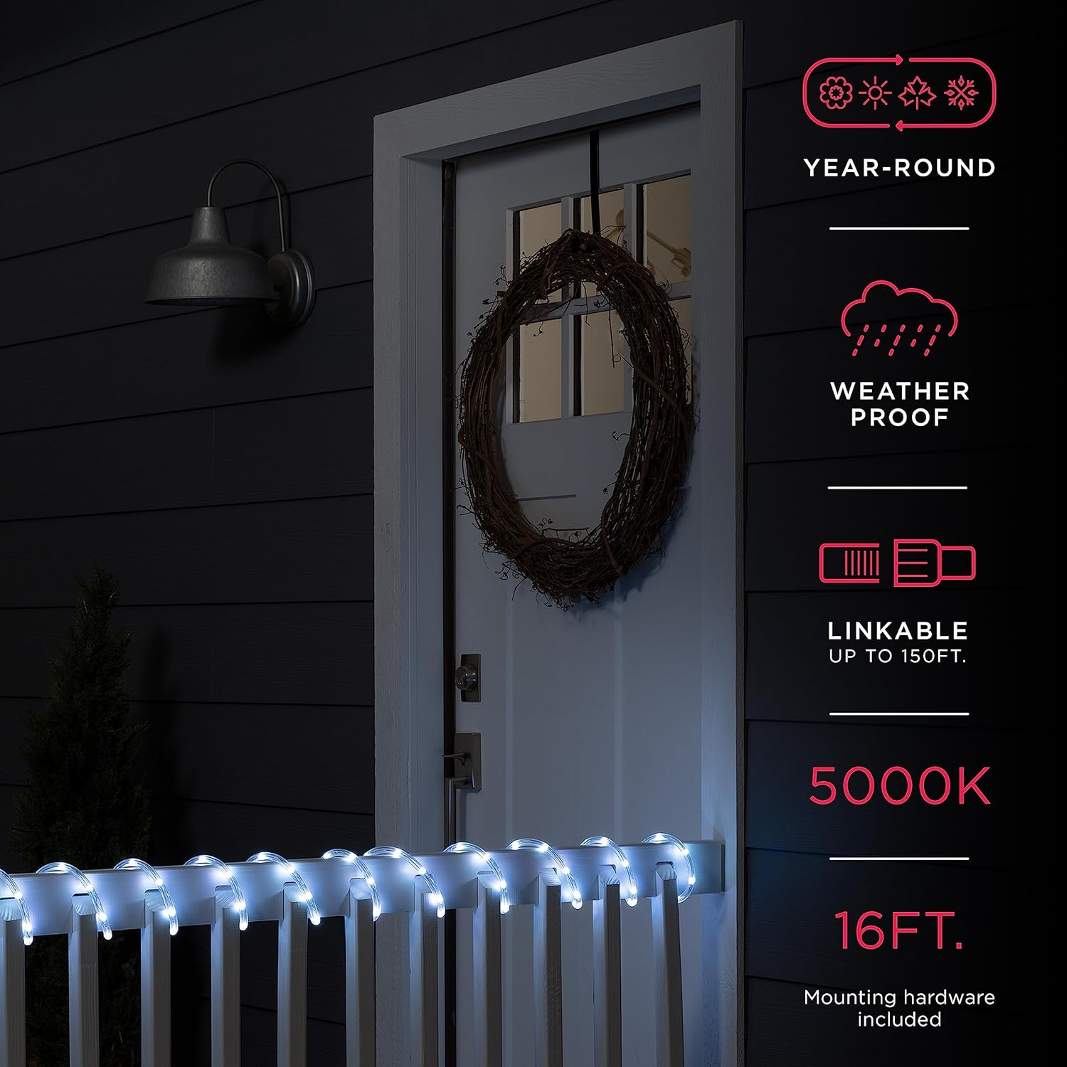 ultrapro led rope lights, 16ft classic clear rope, cool white light 5000k, indoor/outdoor, flexible, linkable, durable, rope lights outdoor, 54842 16ft cool white