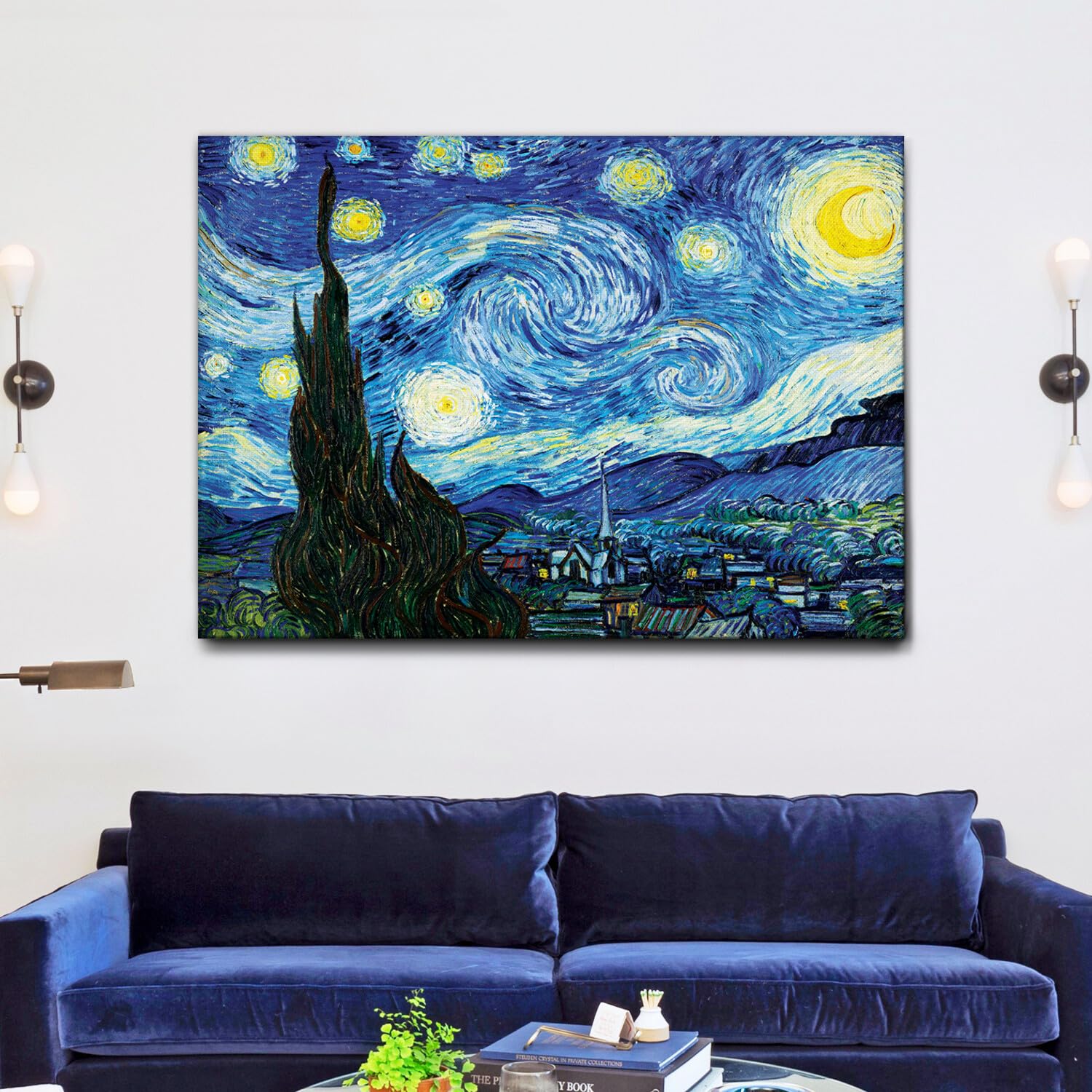 Giallobus - Cuadro - Vincent Van Gogh - Noche estrellada - Lienzo con marco estándar - 140x100 - Listo para colgar - Cuadros modernos para el hogar