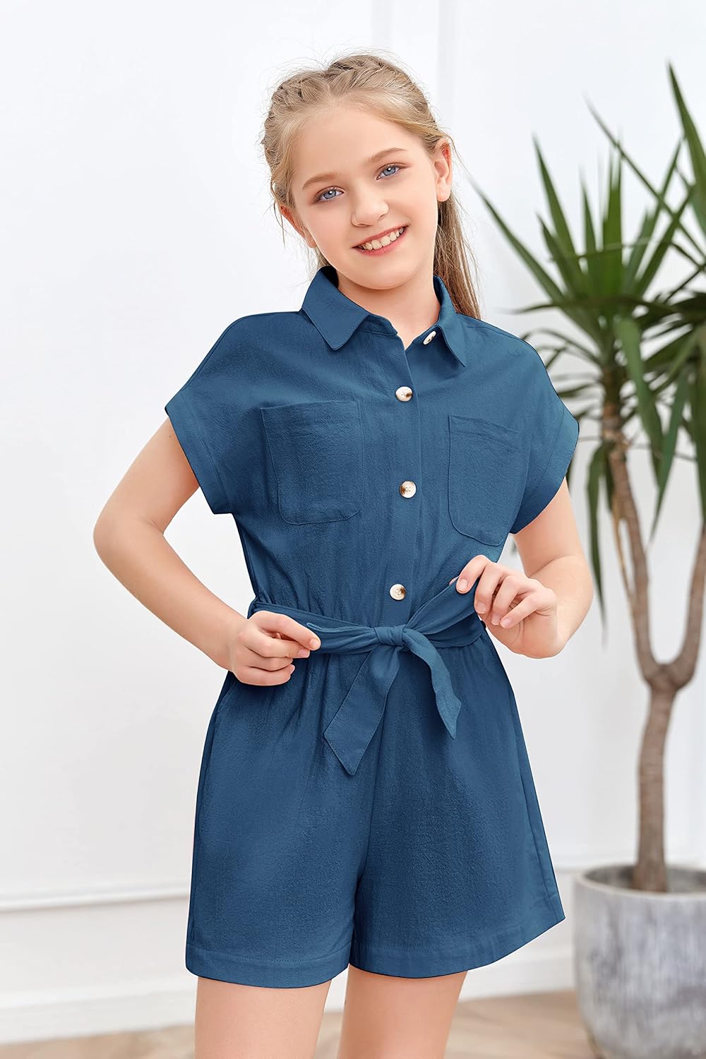 Mafulus Girls Cute Romper Button Down Belted Jumpsuit Wide Leg Short Summer Outfits with Pockets 3-14T