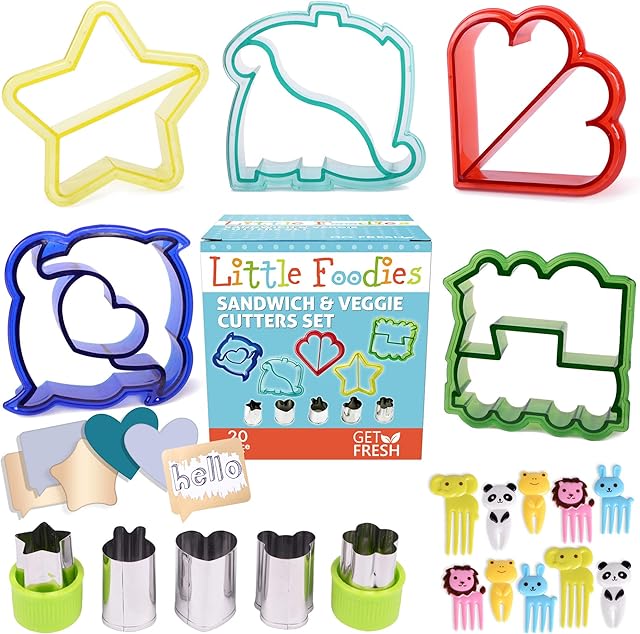 GET FRESH Sandwich Cutters for Kids  [20-pcs] Set with 5 Sandwich Shapes/Cookie Cutters/Bread Cutters  Comes with 5 Vegetable Cutters and Bonus 10 Bento Decorations