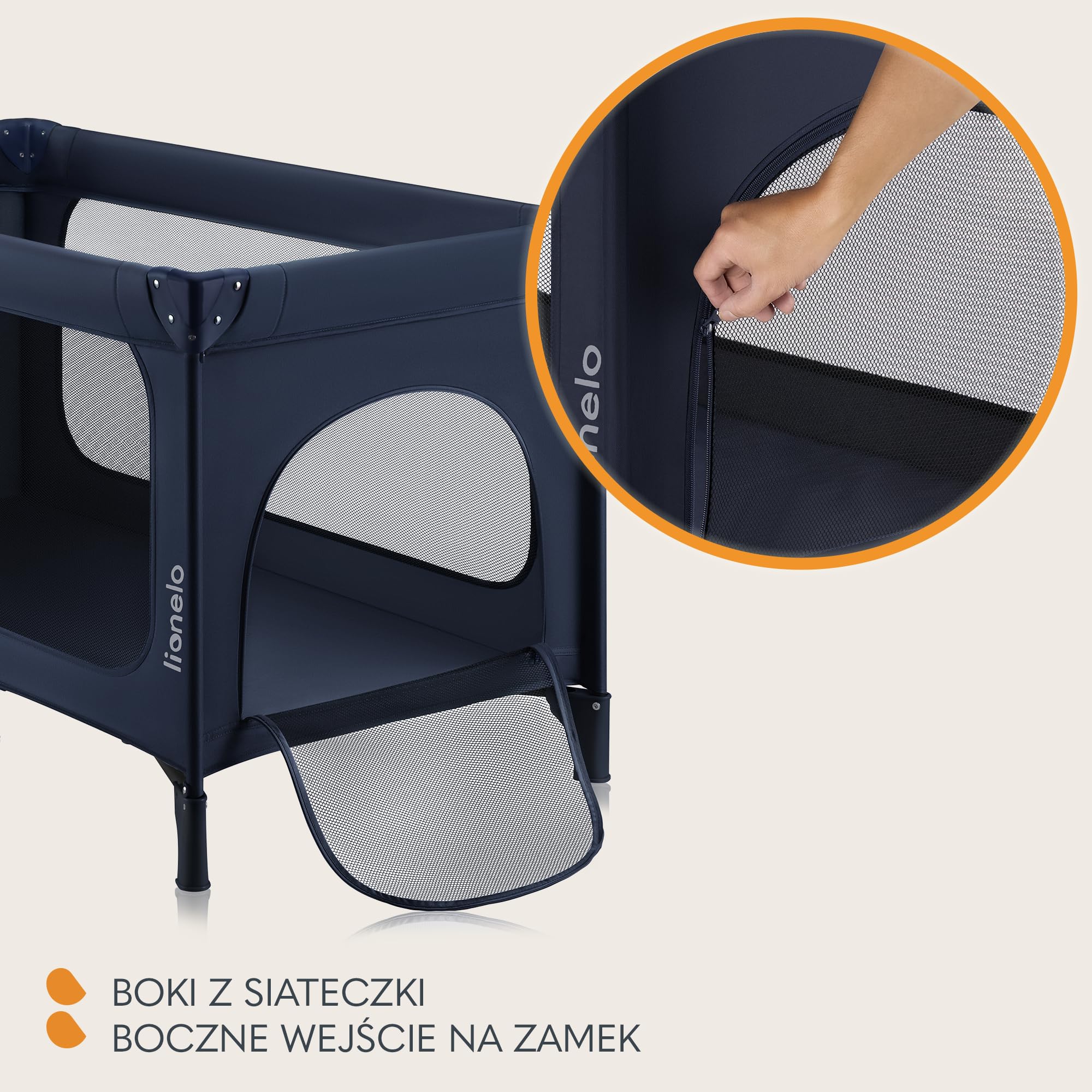 LIONELO Jasmin Easy Fold Łóżeczko Turystyczne Dziecięce do 15 kg od 0 do 36 miesięcy Piankowy Materac T25, 2 Poziomy Wysokości, Szybkie Składanie Easy Fold, Boczne Wejście, Kółka (Niebieski)
