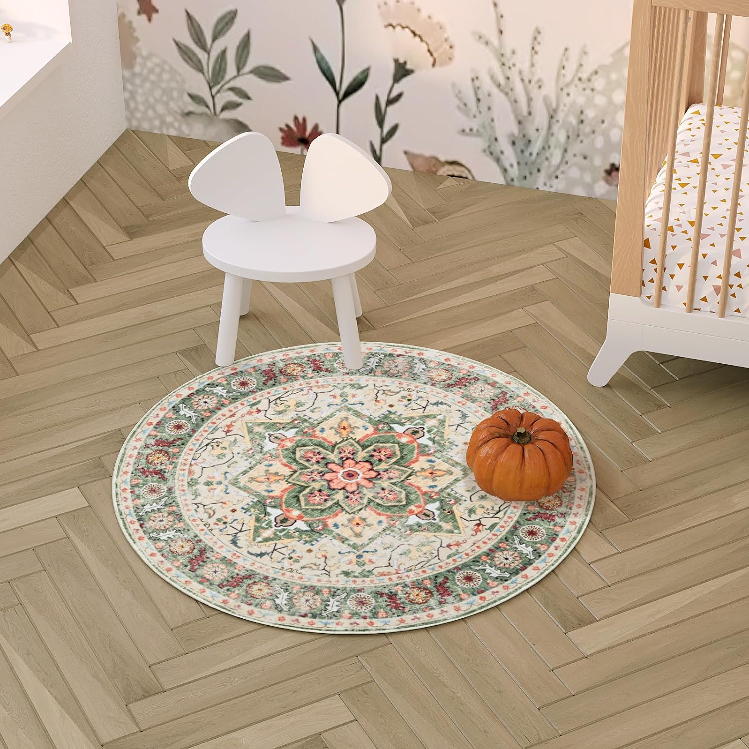 Round Rug for Living Room, 3Ft Round Washable Rug, Boho Small Circle Kitchen Area Rugs, Non Slip Low Pile Circular Rugs, Soft Round Carpet for Bedroom, Office, Kitchen Entryway, Bathroom (CreamGreen)