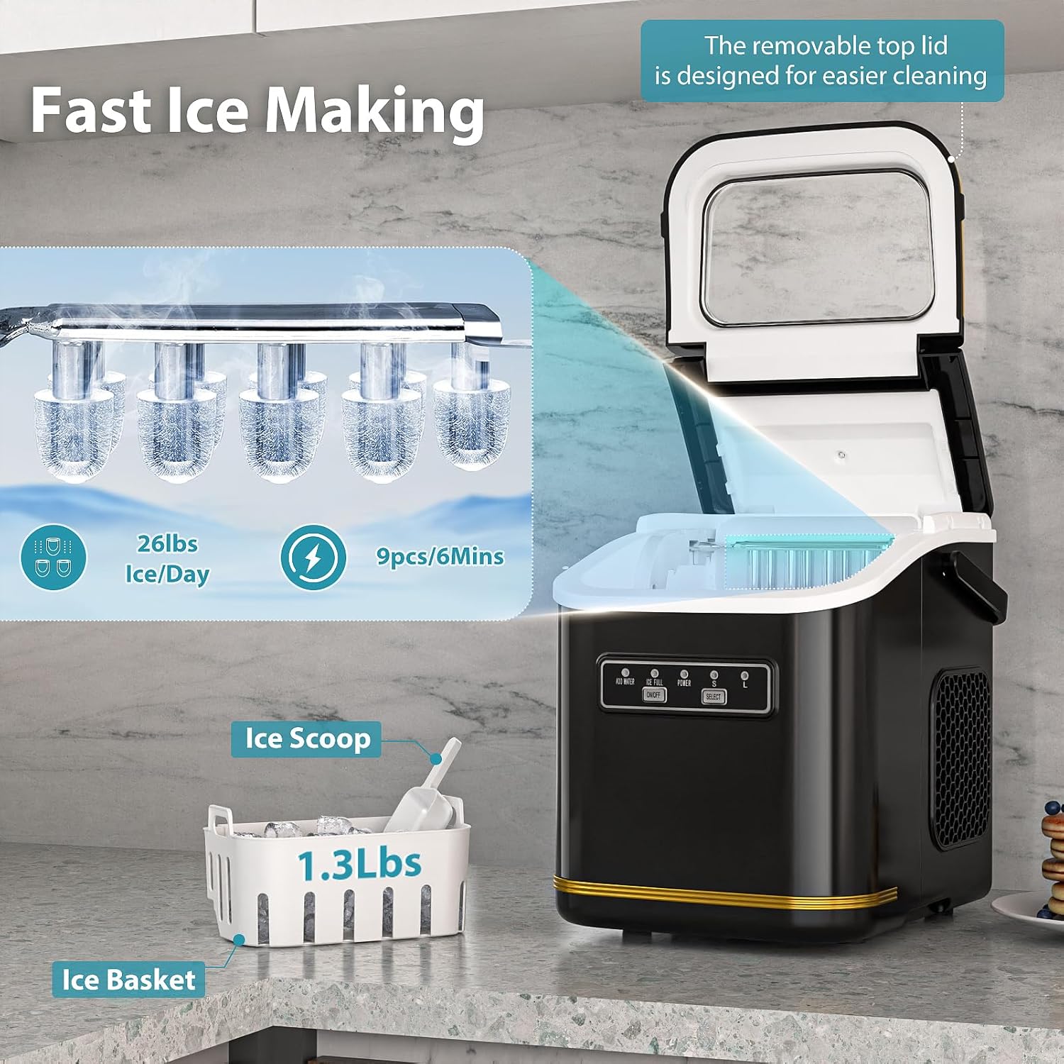 Ice Maker Machine Countertop Portable Compact Small Bullet Ice Maker with Self Cleaning,9 Cubes in 6 Mins,26lbs in 24Hrs, for Home and Kitchen(Black) - Image 4