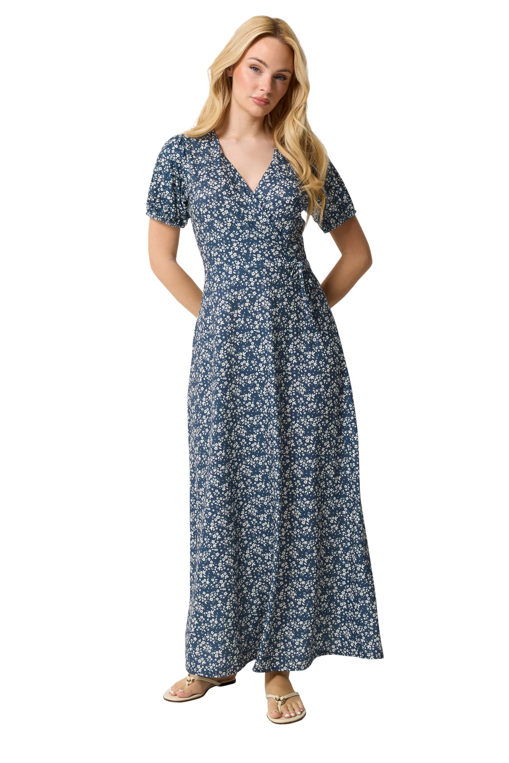 M&Co Blue Ditsy Floral Print Wrap Dress - Women's