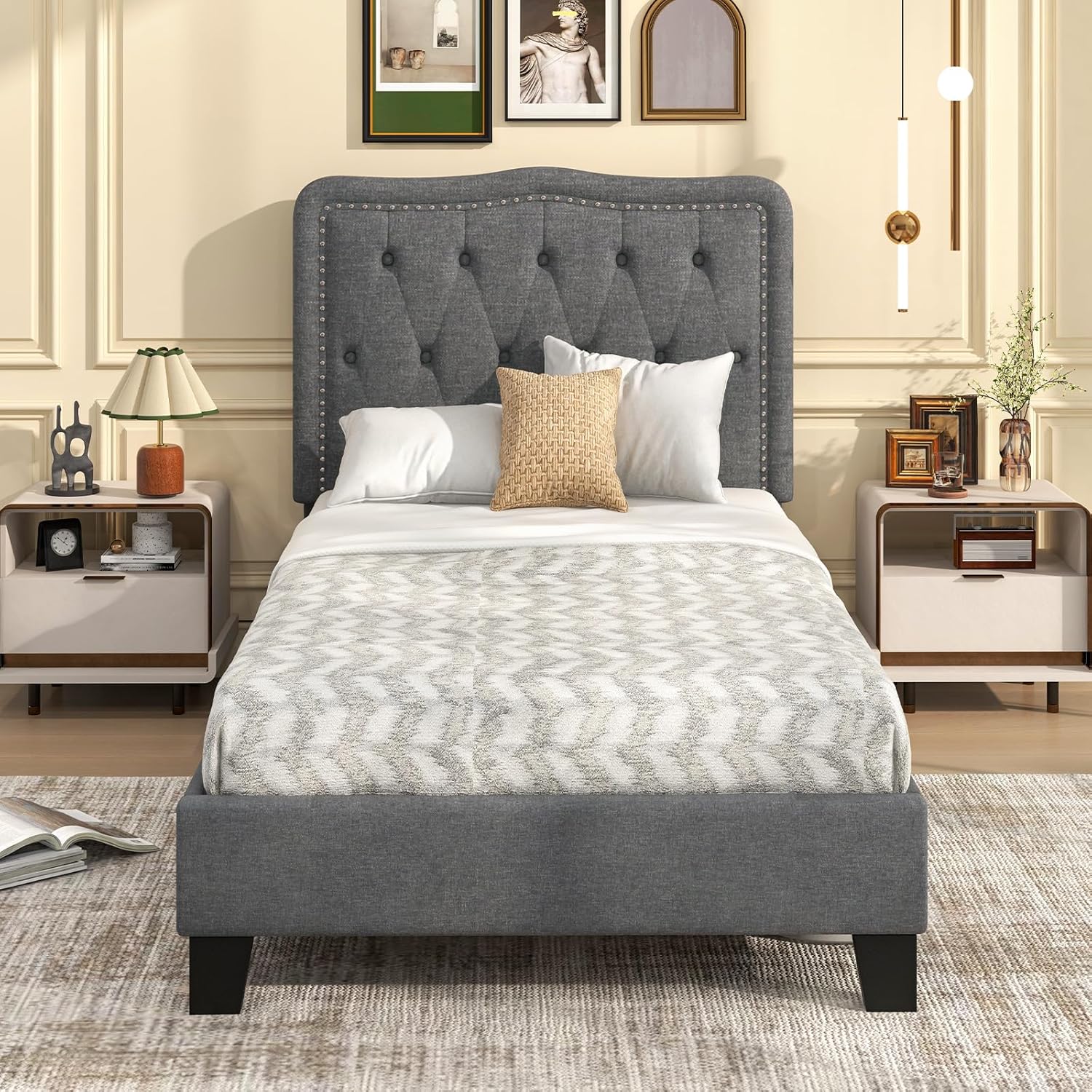 Giantex Twin Size Bed Frame, Modern Linen Upholstered Platform Bed w/ 46" Tall Button Tufted Headboard, Wooden Slats Support, No Box Spring Needed, Twin Bed Frame for Kids Guests Adults, Grey