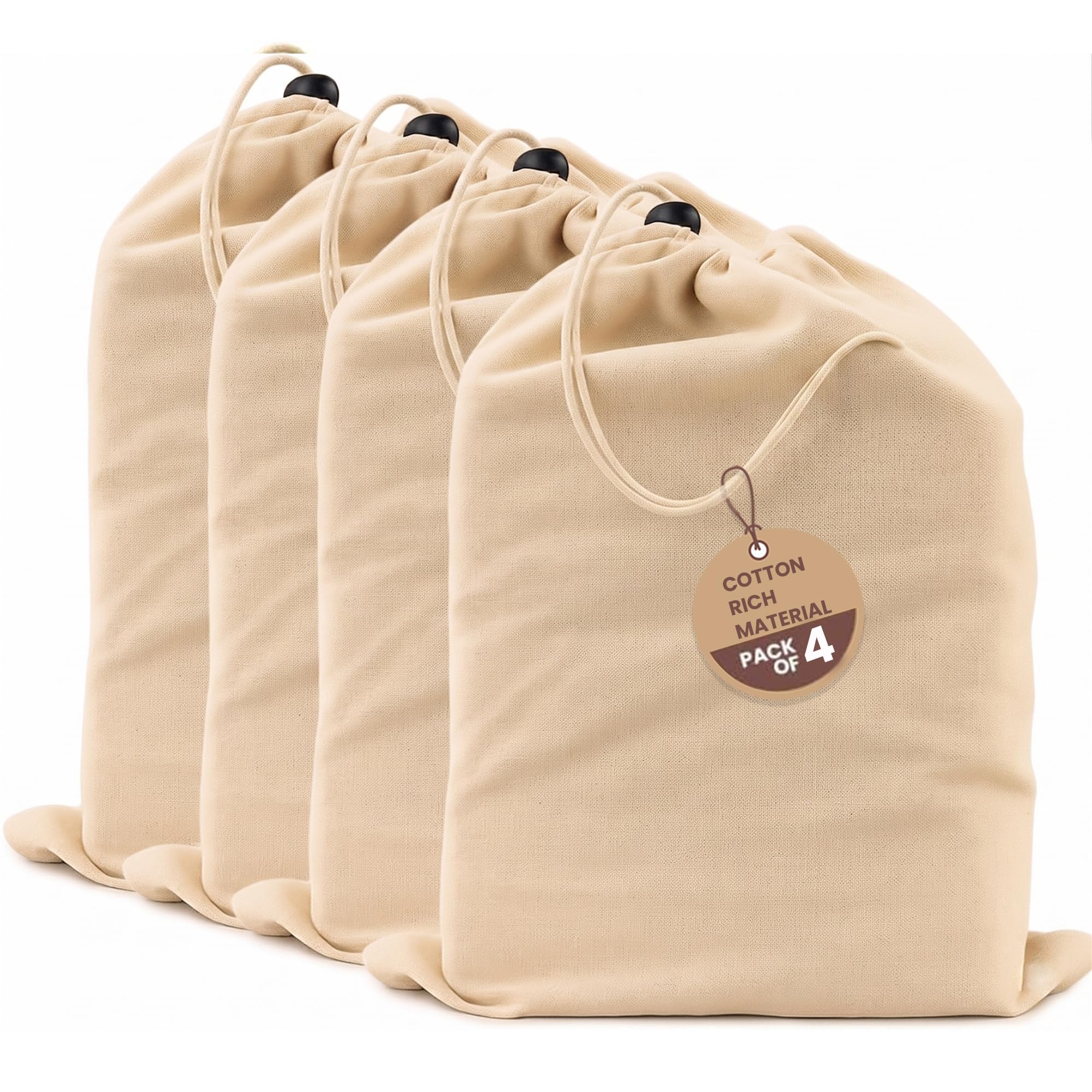 LFH Cotton Rich Shoe Storage Bags with Drawstring, Dustproof Breathable Reusable Organizer, Perfect For Travel, Dorm, Hotel, College, Gym, Easy to Carry, Machine Washable 12"x17" (Pack of 4) - Natural