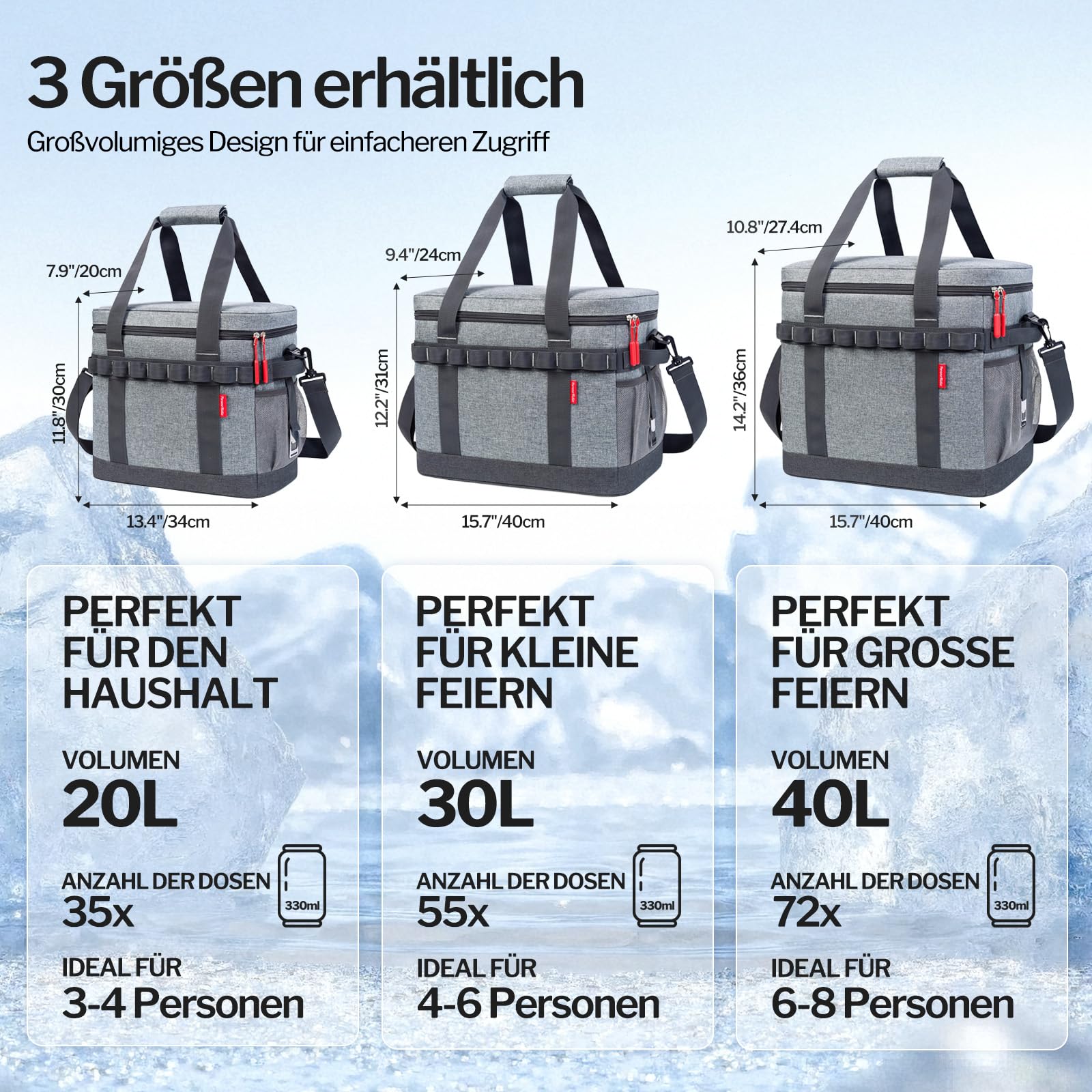 Kühltasche 40L, 12h Kühlung, Groß Faltbar Picknicktasche, Kühlbox Tragbare Isoliertasche für Auto & Einkaufen, Thermotasche Cooler Bag für Arbeit, Picknick, Strand, Camping, BBQ