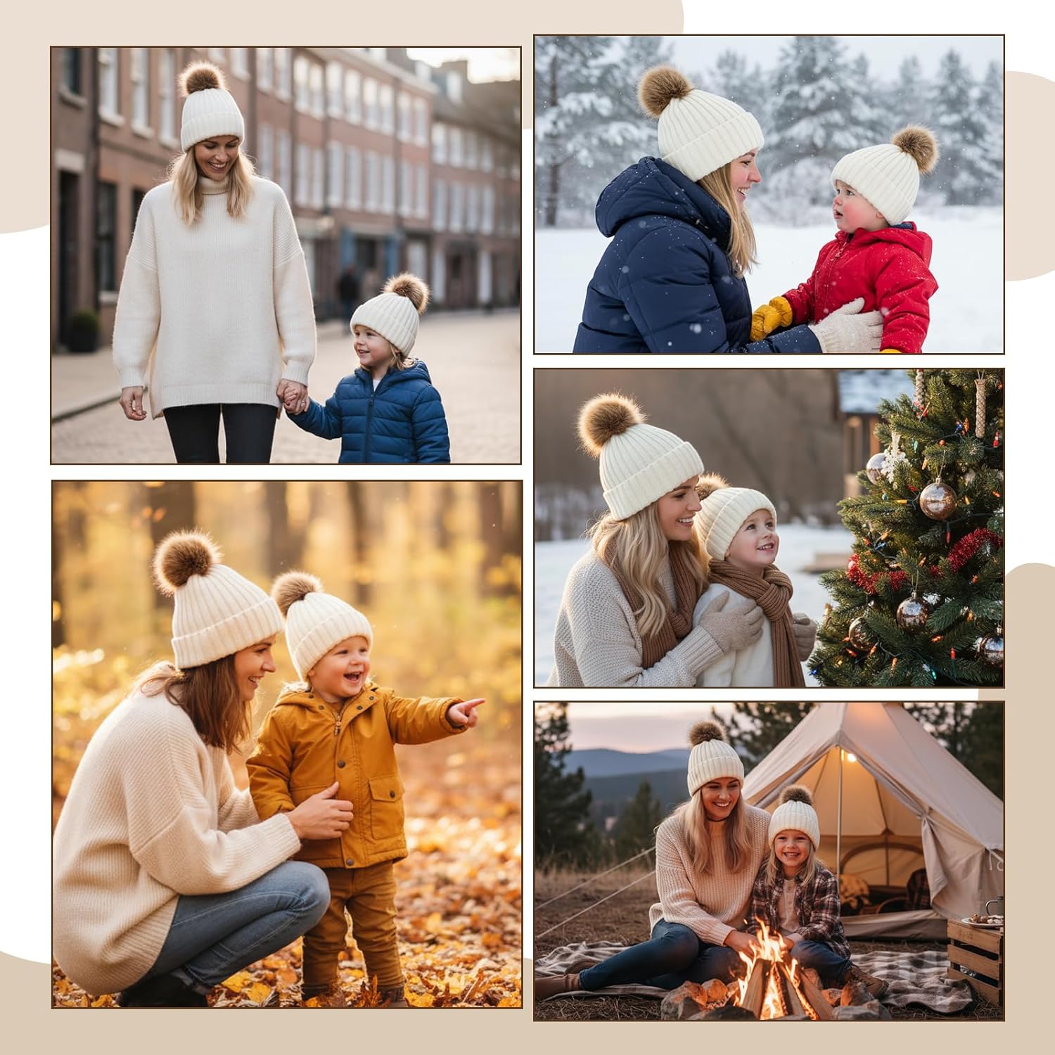2 Pcs Parent-Child Knitted Beanie Hat Mother Baby Winter Hat with Pom Family Matching Warmer Knit Beanie Ski Cap - Image 6