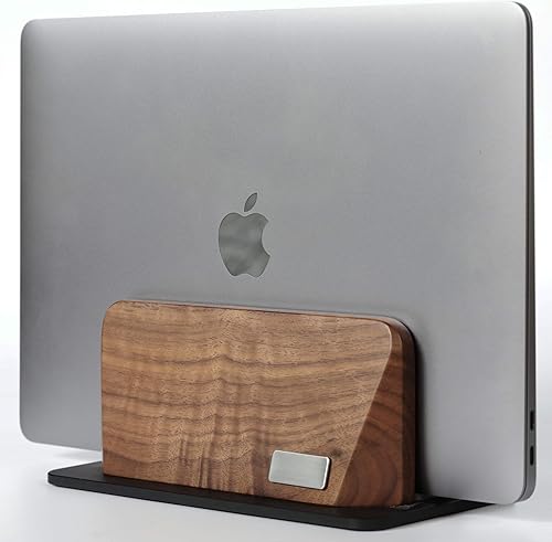 Soporte vertical para laptop, soporte vertical de madera de nogal negro para escritorio, base de aluminio negro pesado  Base ajustable (0.315-1.496