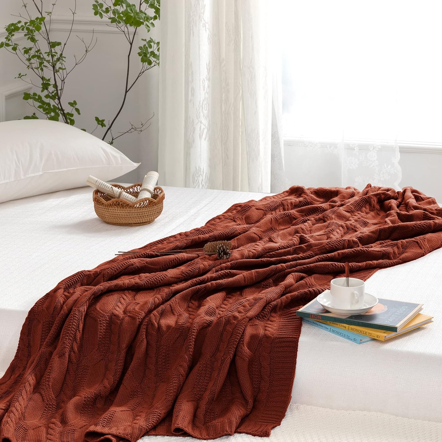 Aormenzy Red Brown Knit Throw Blankets Oversized Cable Knit Decorative Throw Blanket Soft Cozy Knitted Blanket for Sofa Couch Bed, 60" x 80" - Image 3