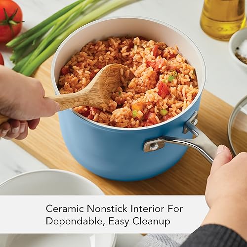 Miniatura 4 de KitchenAid Sartén antiadherente de cerámica anodizada dura con tapa, 3 cuartos de galón, terciopelo azul
