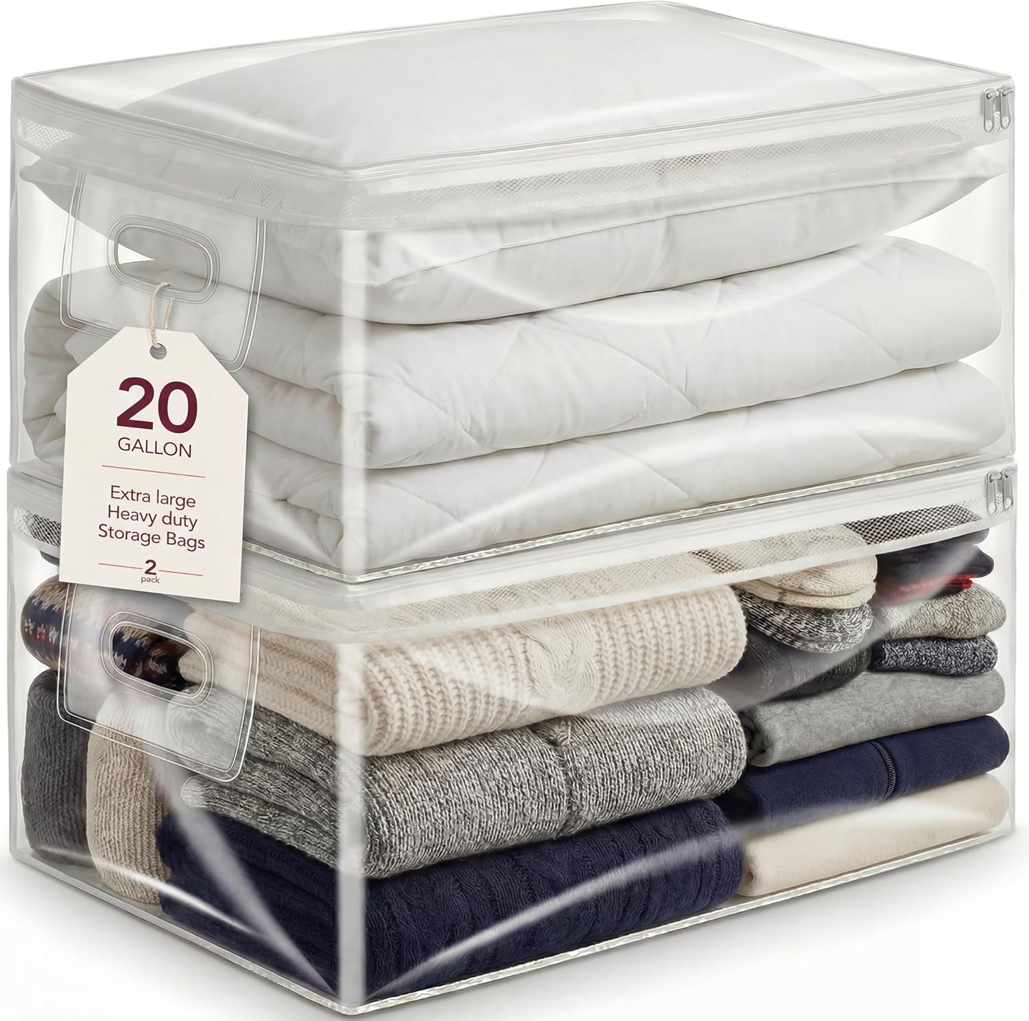 20 Gallon Jumbo Size Clear Storage Bags with Zipper, 2 Pack Extra Large (15.75 x 26 x 11.9 in) Transparent Plastic Bags for Clothes, Blankets, Quilts & Holiday Storage, Durable and Reusable