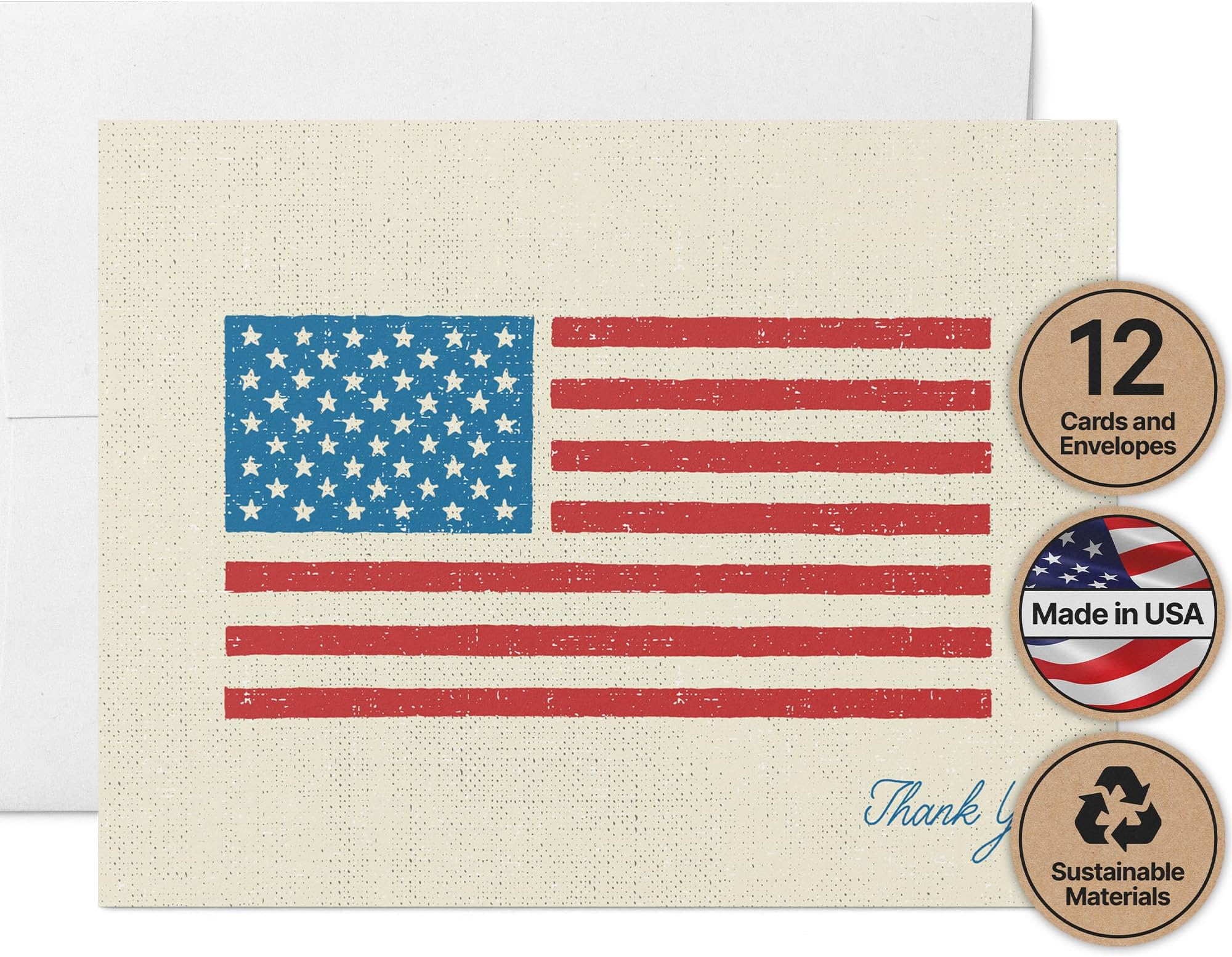 Twigs Paper - American Flag Thank You Cards - Blank Patriotic Stationary Cards w/Envelopes - Greeting Card for Veteran's Day, Memorial Day, 4th of July & More - Made In USA - 5.5" x 4.25" (Set of 12)