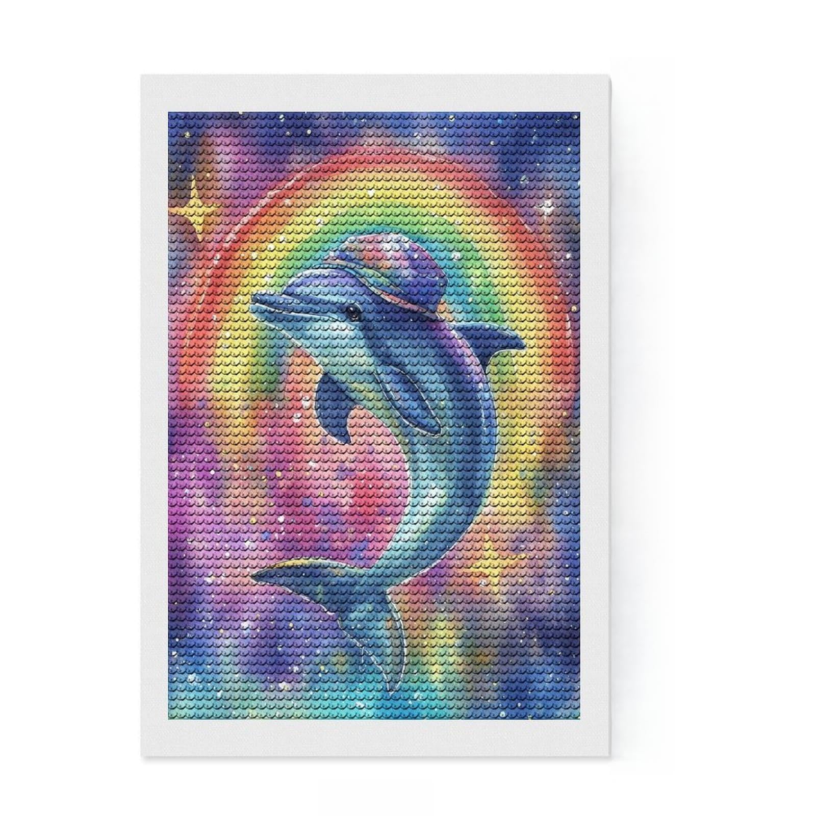 Junmoney Rainbow Dolphin Watercolor Diamond Art Kit 8"x12", Home Wall Decor, for Creative Relaxation, Mindful Craft Activity, Thoughtful Handmade Gift