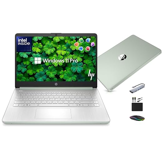 HP 14” Laptop Ultra-Portable Computer 2026 Student Business, MS Office, Copilot AI, Intel 4-Core CPU, 4GB RAM, 628GB Storage (128GB UFS+500GB Ext), Long Battery, MaxsolAccessory, Win 11 Pro, Green