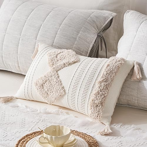 Plushio Funda de almohada lumbar bohemia de 12 x 20 pulgadas, funda de almohada decorativa larga color crema, funda de almohada corporal tejida con