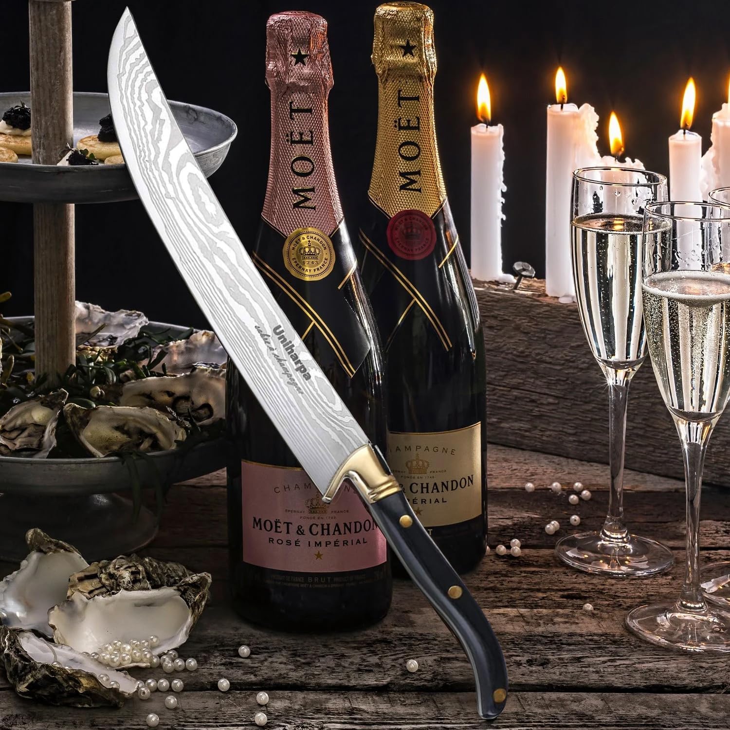 Uniharpa Champagne Saber Sword with Wooden Gift Case,Stainless Steel Blade - Premium Saber for Champagne Bottle Opening, Ideal Champagne Cork Knife & Champagne Themed Gifts for Wedding and Christmas