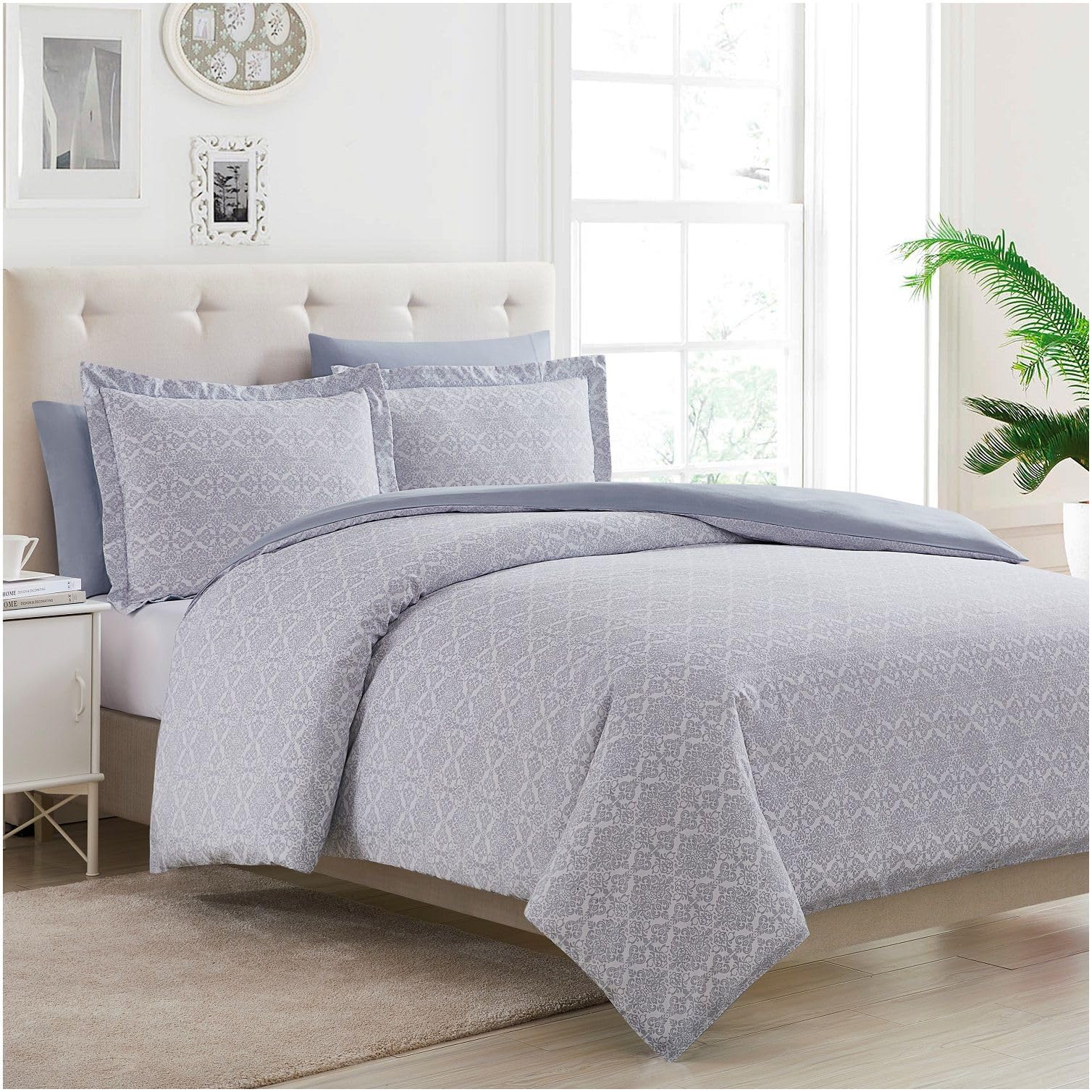 Duvet Cover Set - 5 PC Iconic Collection Bedding Set - Hotel Luxury, Extra Soft & Cooling - Microfiber - Button Closure and Corner Ties (Queen, Laced Sky Blue)