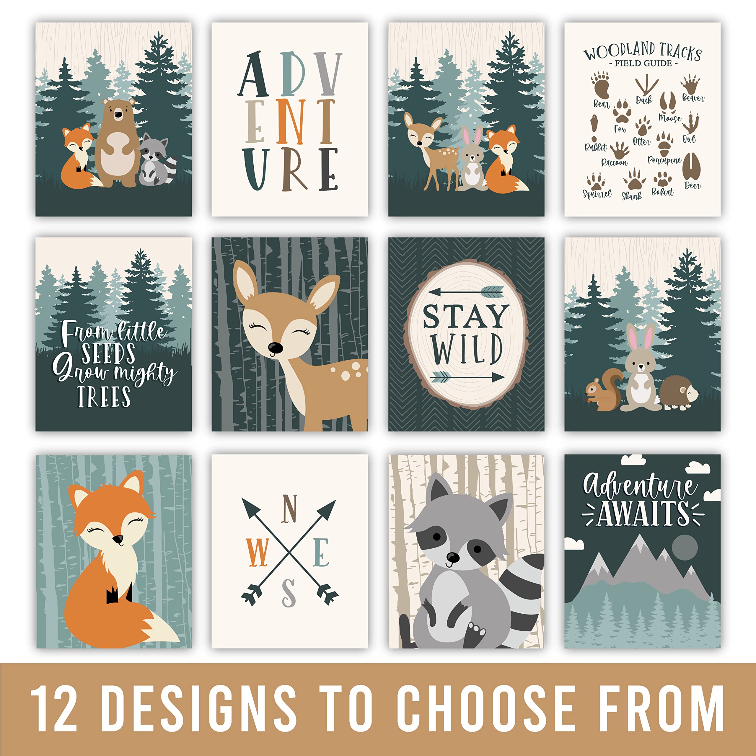 6 Reversible 8x10 Woodland Nursery Decor For Boys Prints, Woodland Nursery Wall Decor, Woodland