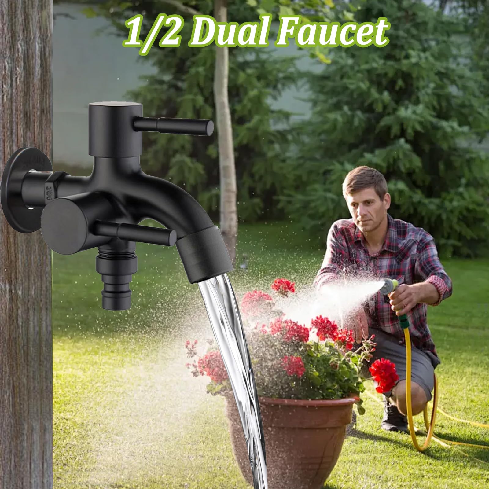 Grifo Universal de 1/2 Pulgadas, Grifo Doble de Acero Inoxidable, Grifo de Lavadora de Doble Boquilla para Jardín, Hogar e Industrial (Estilo 2)